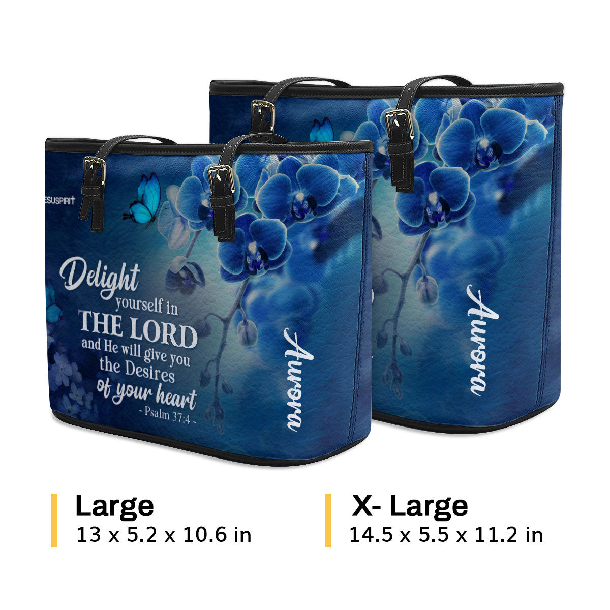 Jesuspirit | Delight Yourself In The Lord | Psalm 37:4 | Blue Orchids And Lilac | Personalized Large Leather Tote Bag LLTBH47