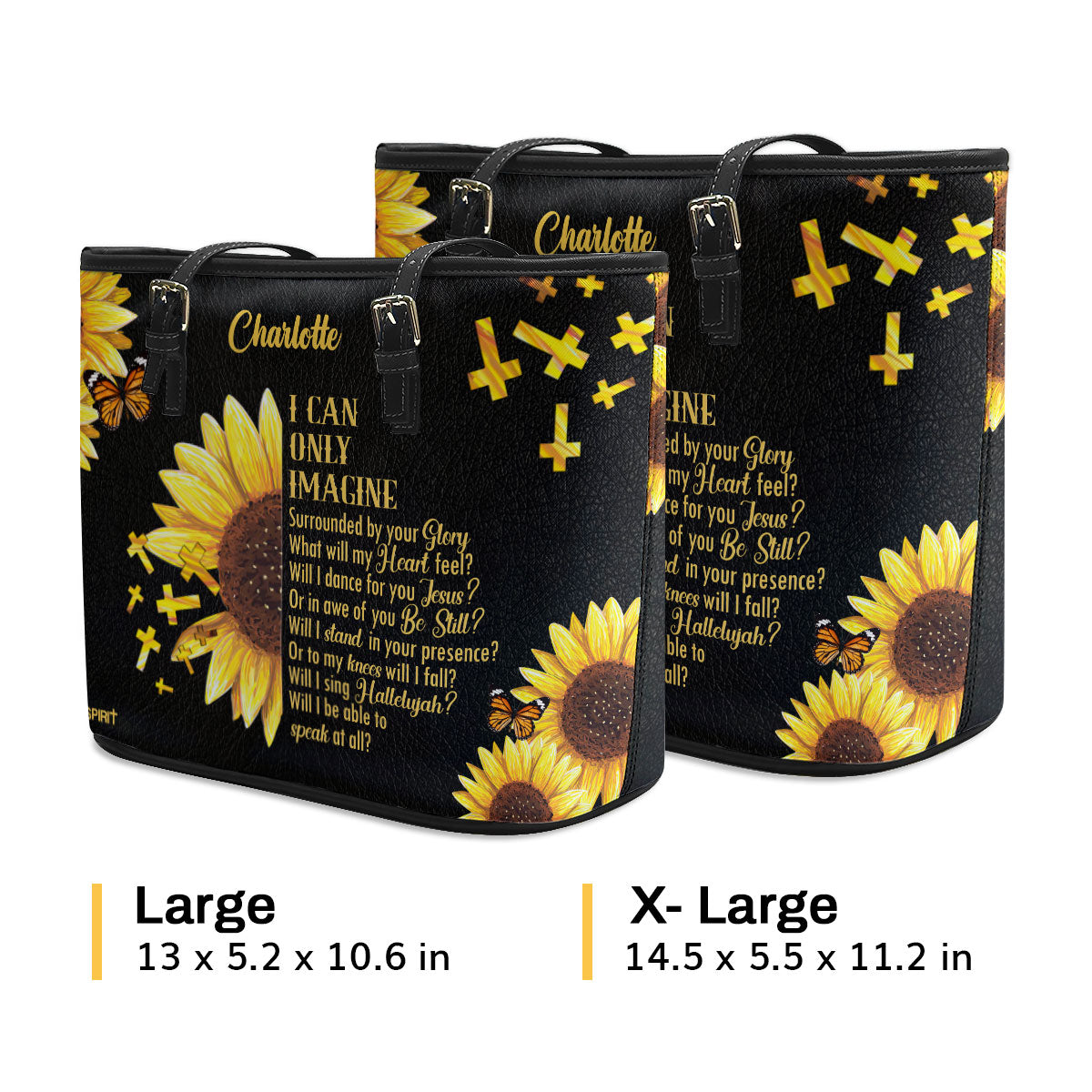 Jesuspirit | Personalized Large Leather Tote Bag With Long Strap | I Can Only Imagine | Sunflower And Cross LLTBHN153