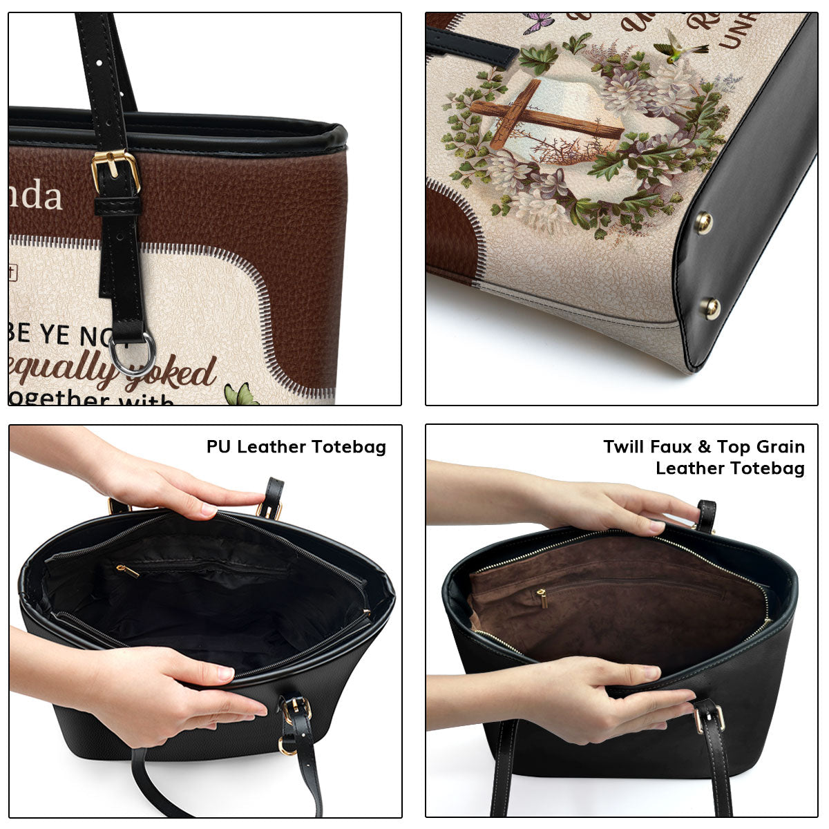 Beautiful Personalized Large Leather Tote Bag - Be Ye Not Unequally Yoked Together With Unbelievers NUM488