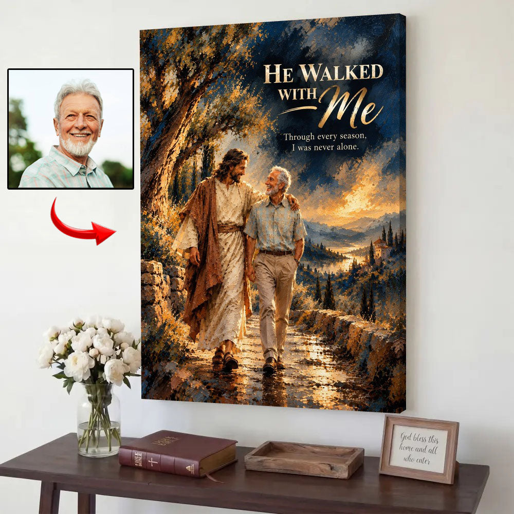 He Walked With Me™ – Personalized Jesus Portrait Canvas, Custom Christian Gift From Your Photo