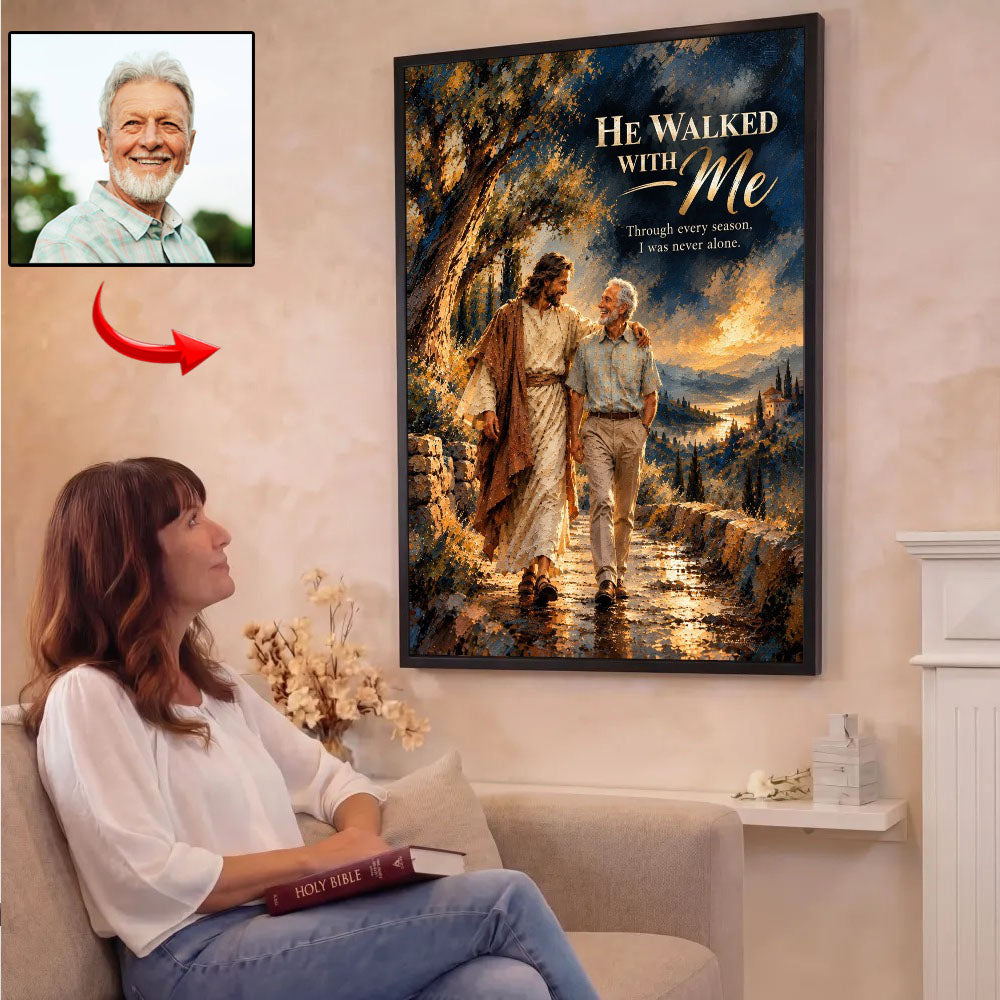 He Walked With Me™ – Personalized Jesus Portrait Canvas, Custom Christian Gift From Your Photo