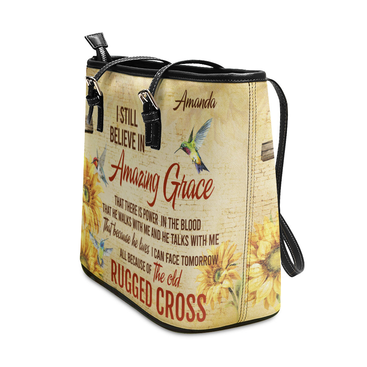 Jesuspirit Personalized Leather Tote Bag | I Still Believe In Amazing Grace | Sunflower And Cross | Bible Bag With Long Strap HN154