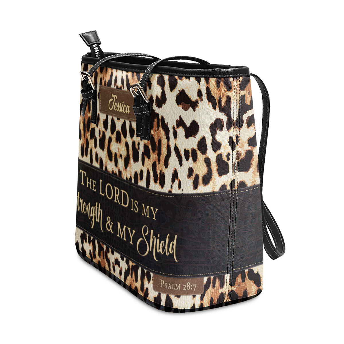 Jesuspirit | Personalized Large Leather Tote Bag With Long Strap | Psalm 28:7 | The Lord Is My Strength And My Shield | Spiritual Gifts For Women of God LLTBHN809