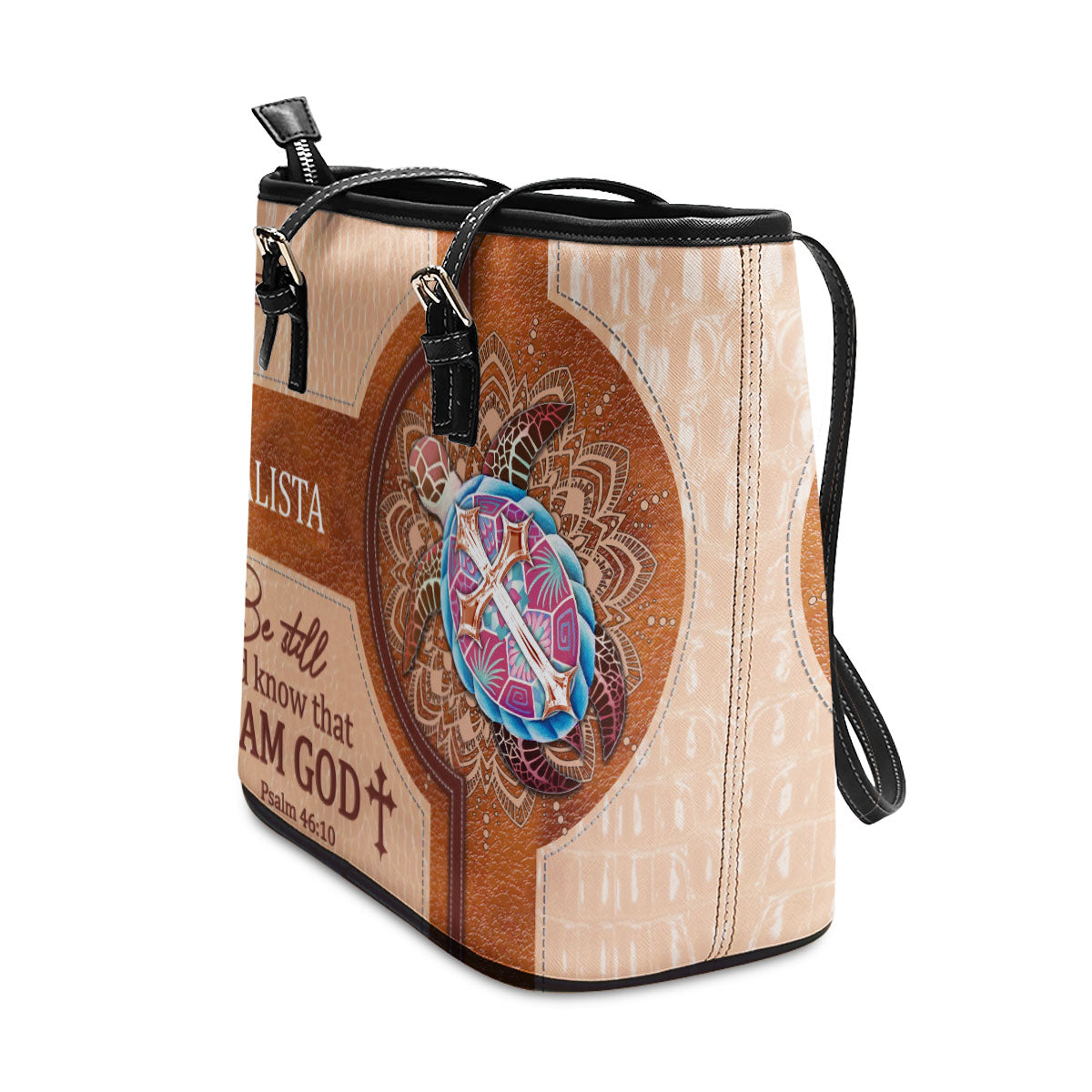 Awesome Personalized Turtle Large Leather Tote Bag - Be Still And Know That I Am God M11