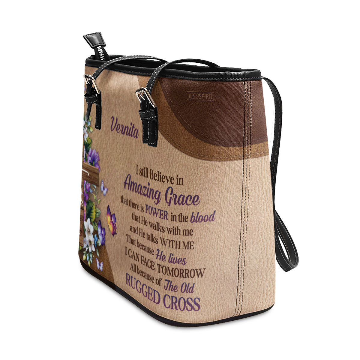 Stunning Personalized Flower Leather Tote Bag - I Still Believe In Amazing Grace NUH269