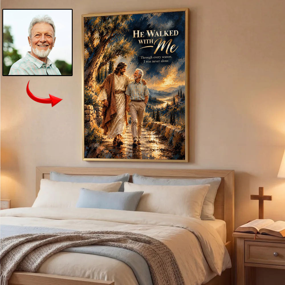 He Walked With Me™ – Personalized Jesus Portrait Canvas, Custom Christian Gift From Your Photo