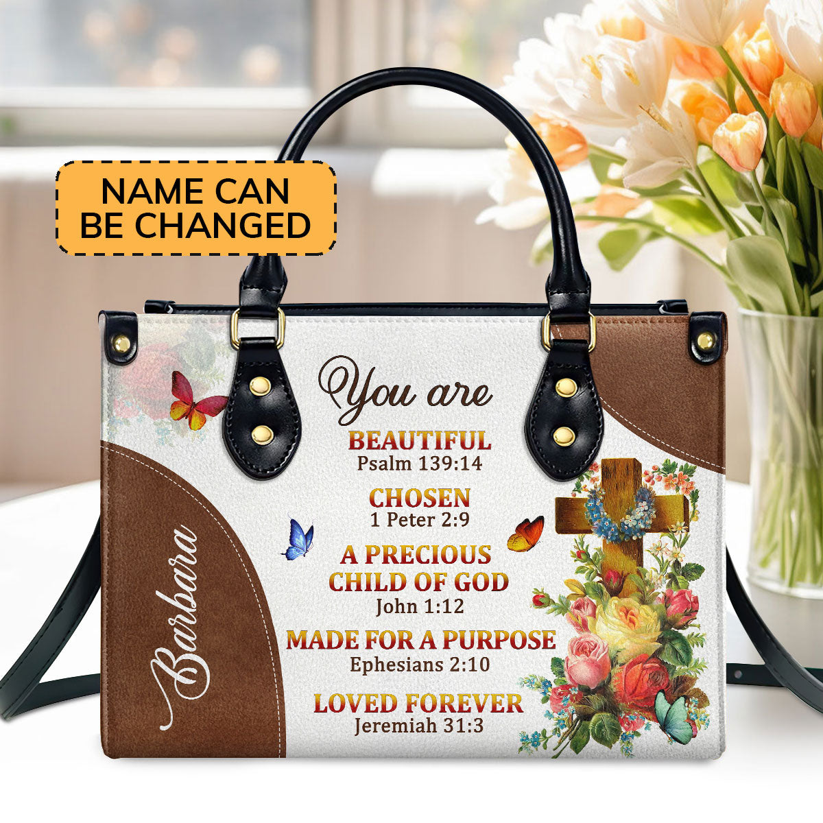 Jesuspirit | A Precious Child Of God | Unique Personalized Leather Handbag For Women | Roses And Cross LHBM705