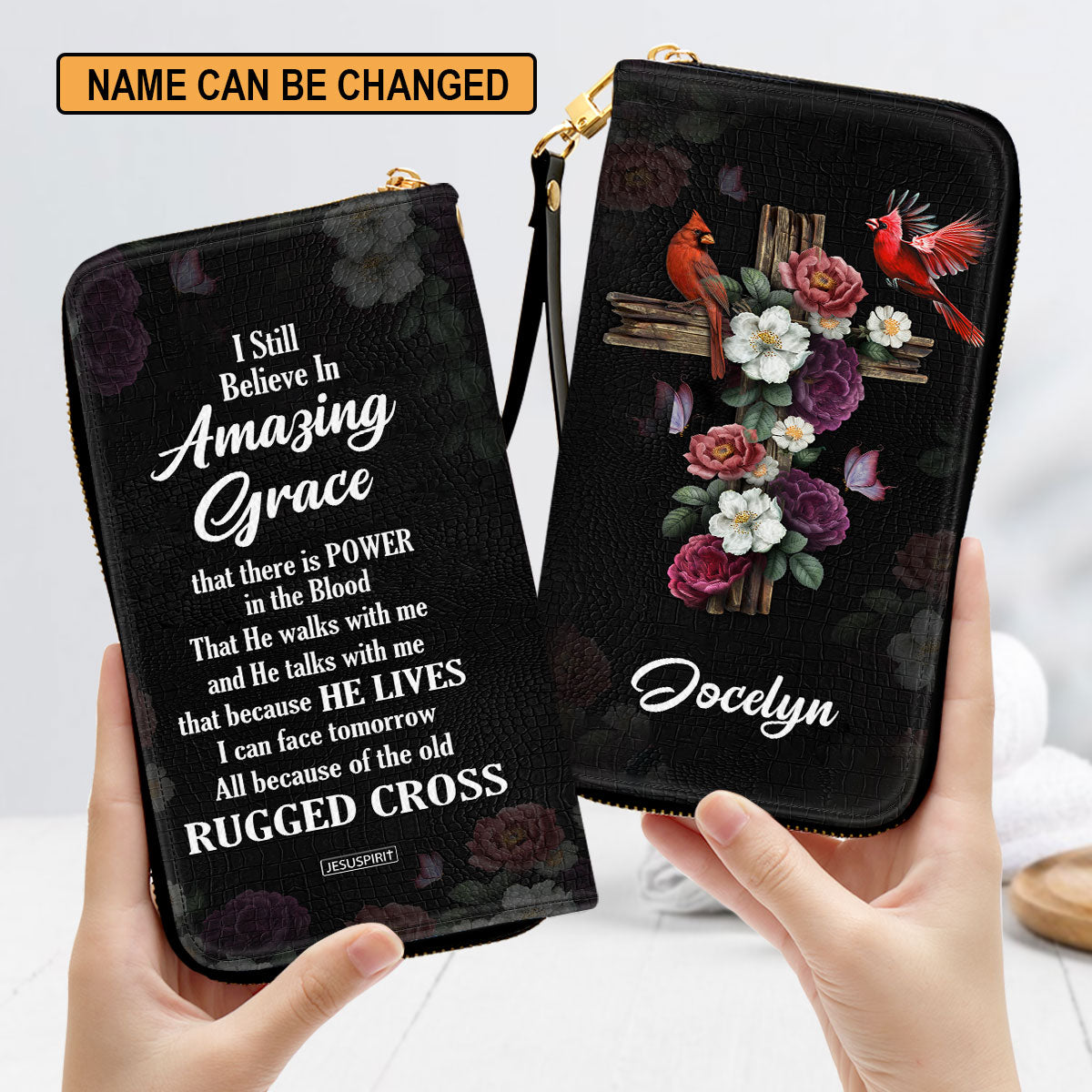 Jesuspirit | I Still Believe In Amazing Grace | Flower And Cross | Spiritual Gifts For Christian Women | Personalized Zippered Leather Clutch Purse NUH435H