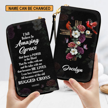 Jesuspirit | I Still Believe In Amazing Grace | Flower And Cross | Spiritual Gifts For Christian Women | Personalized Zippered Leather Clutch Purse NUH435H