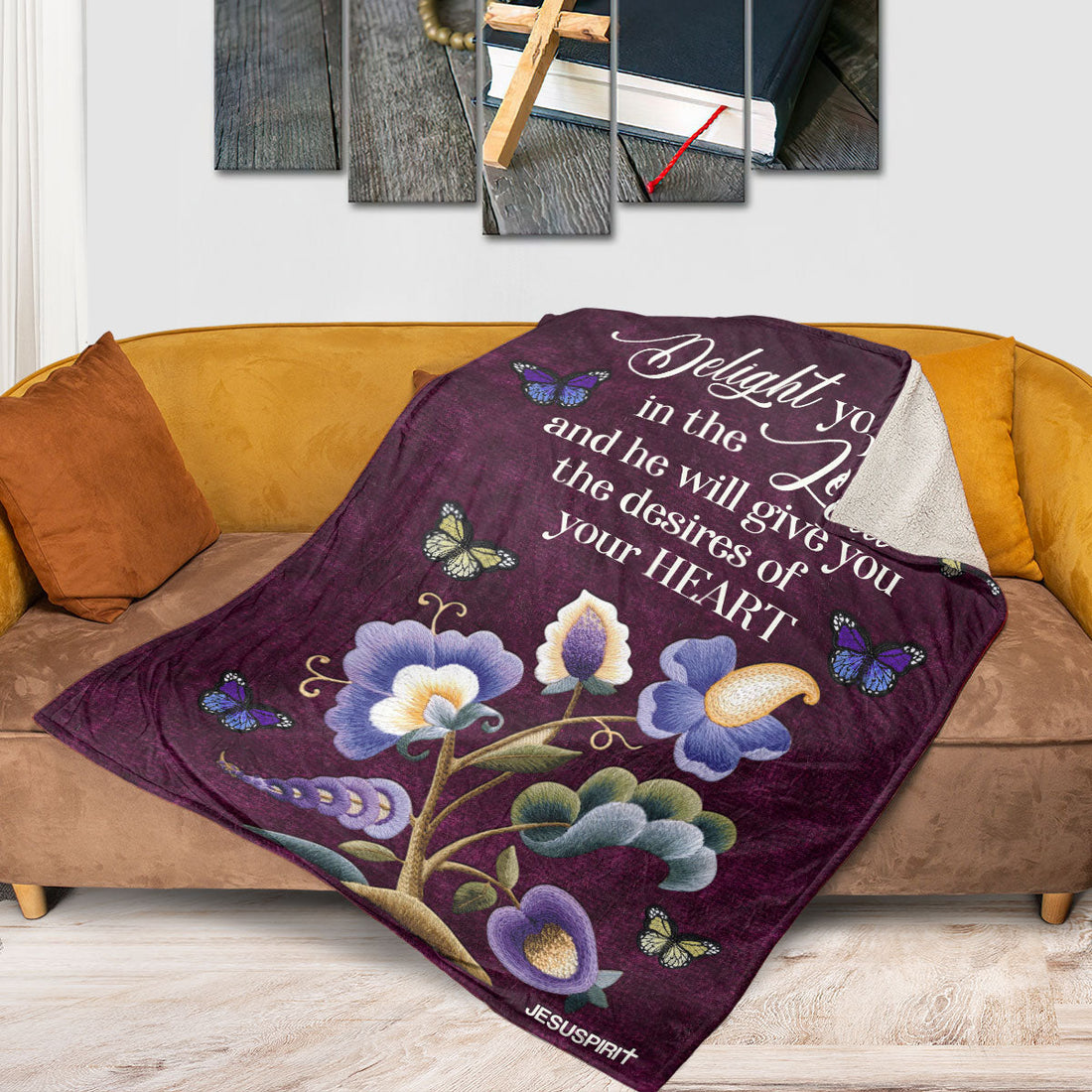 Jesuspirit Fleece Blanket | Delight Yourself In The Lord | Psalm 37:4 | Flower And Butterfly FBHN618