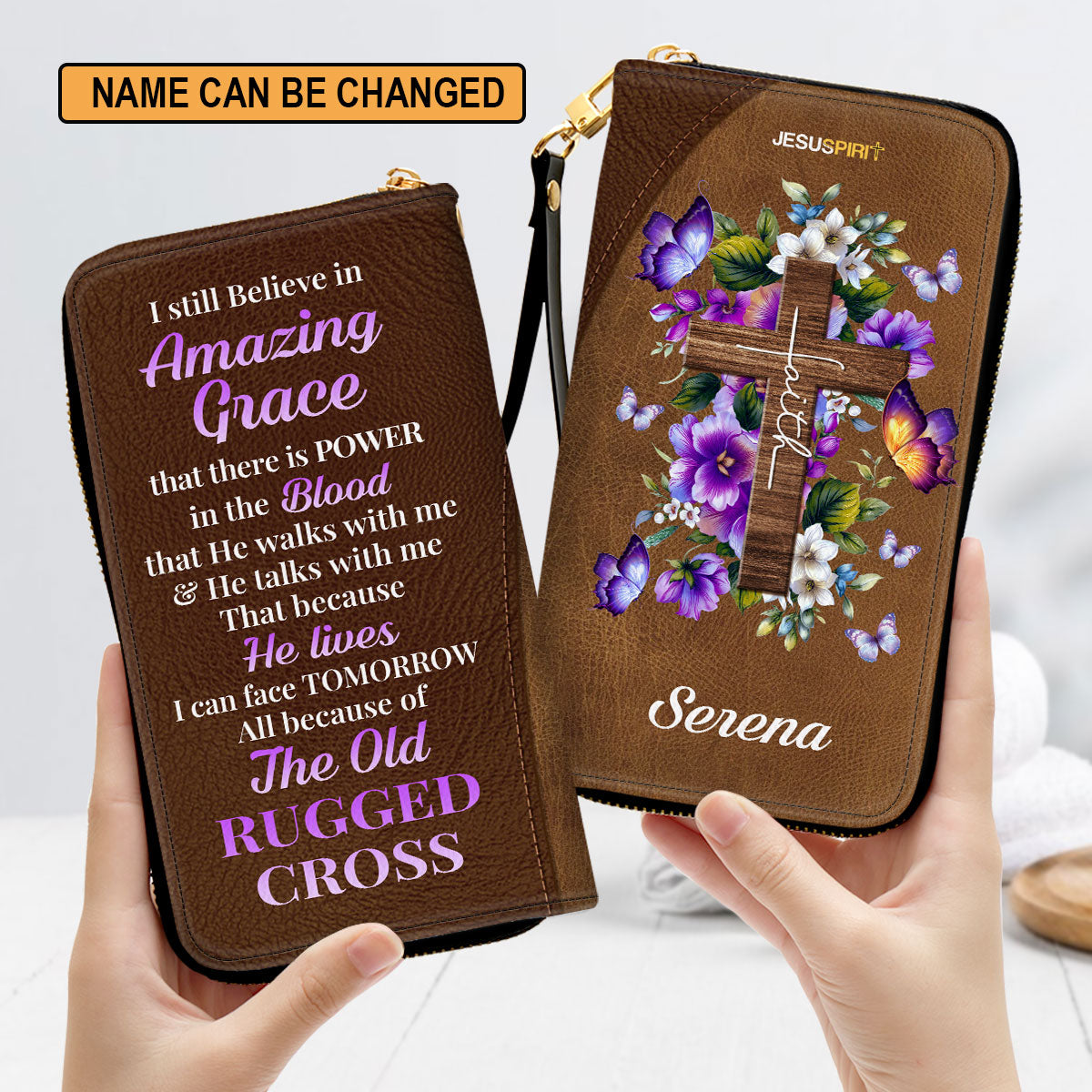 Jesuspirit | Personalized Zippered Leather Clutch Purse | I Still Believe In Amazing Grace | Faith Cross And Floral | Christ Gifts For Religious Women CP12H