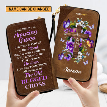 Jesuspirit | Personalized Zippered Leather Clutch Purse | I Still Believe In Amazing Grace | Faith Cross And Floral | Christ Gifts For Religious Women CP12H