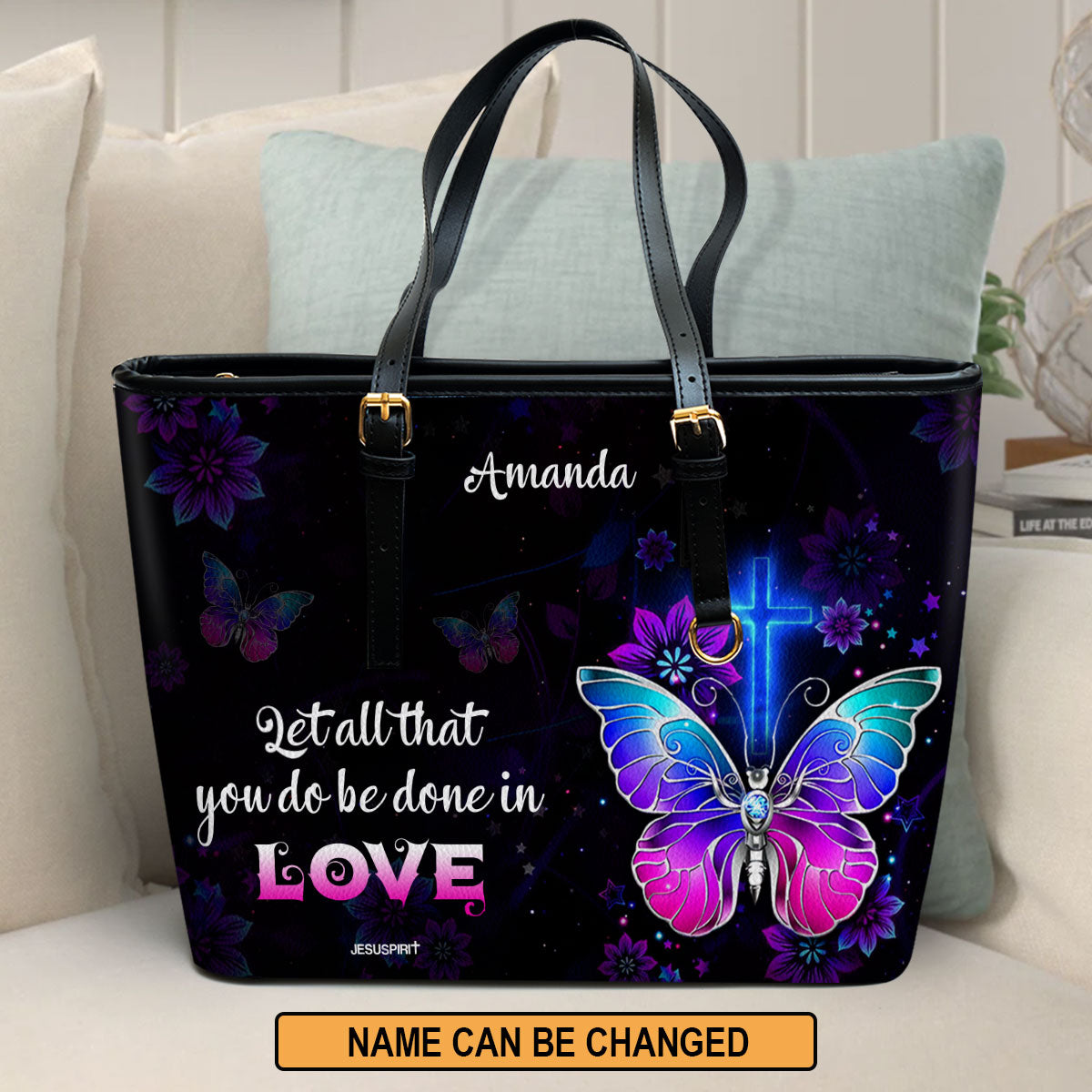 Jesuspirit | Personalized Large Leather Tote Bag | 1 Corinthians 16:14 | Let All You Do Be Done In Love LLTBH707