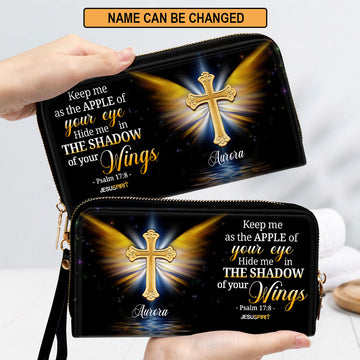 Jesuspirit | Personalized Zippered Leather Clutch Purse With Wristlet Strap Handle | Psalm 17:8 | Scripture Gifts For Christian Women CPH779
