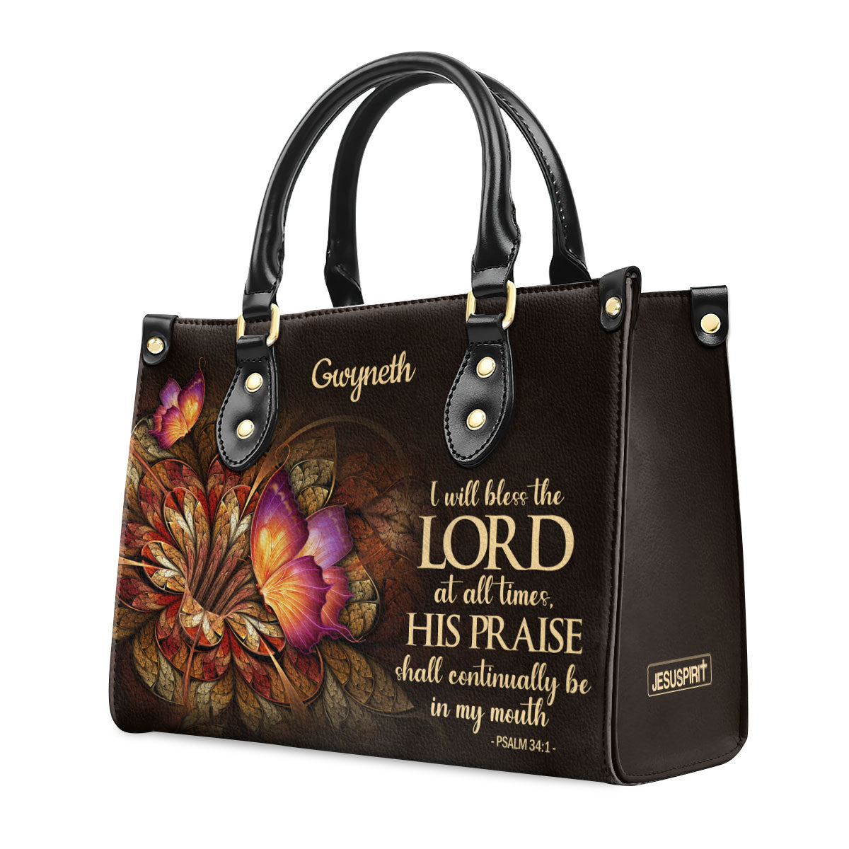 Jesuspirit Personalized Leather Handbag With Handle | Flower & Butterfly | Psalm 34:1 | I Will Bless The Lord At All Times LHBH605