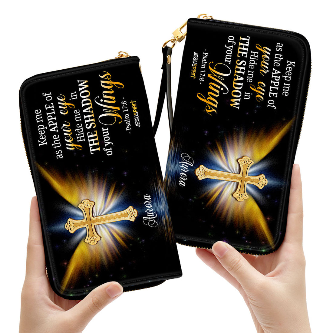 Jesuspirit | Personalized Zippered Leather Clutch Purse With Wristlet Strap Handle | Psalm 17:8 | Scripture Gifts For Christian Women CPH779