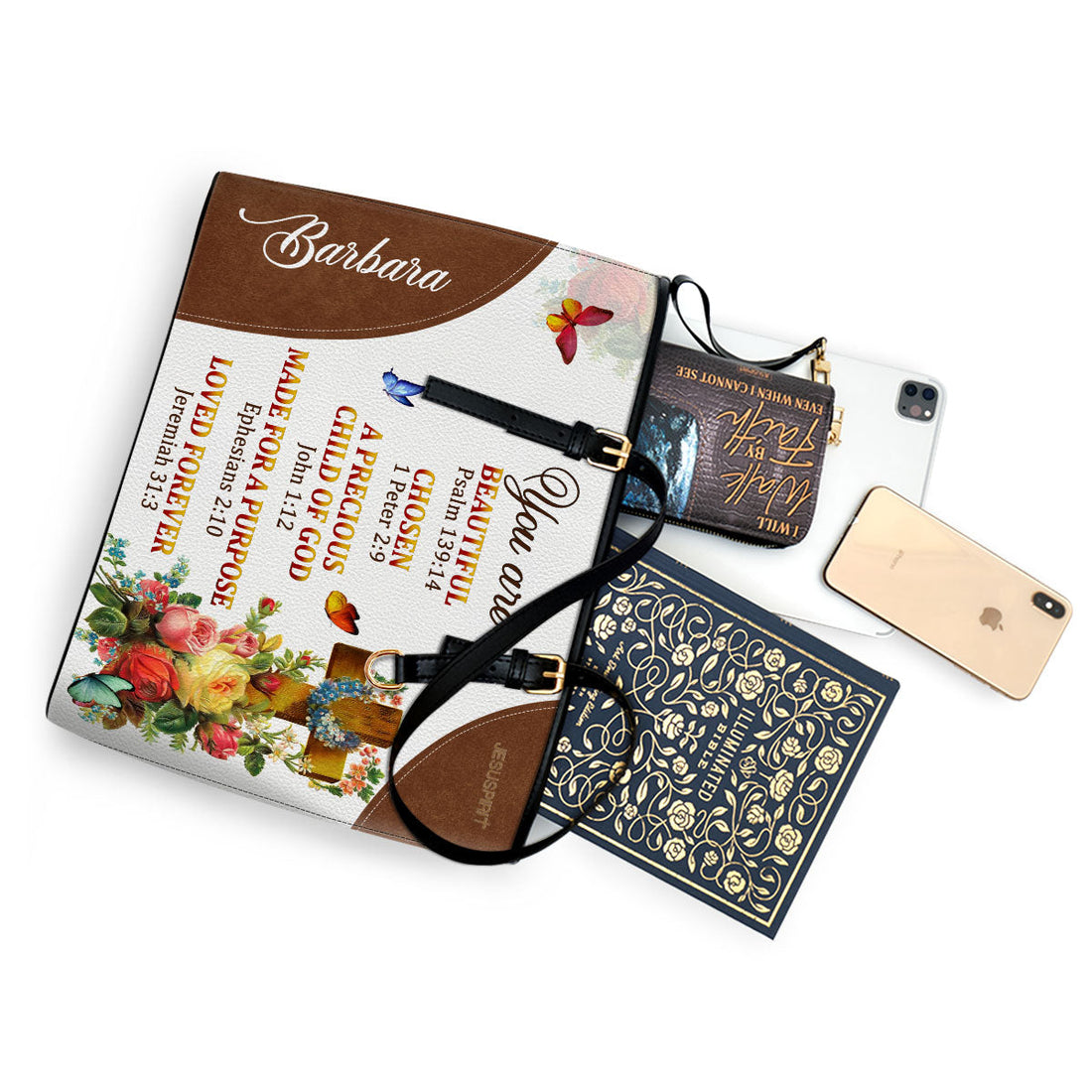 Jesuspirit | Special Personalized Large Leather Tote Bag With Long Strap | A Precious Child Of God LLTBM705