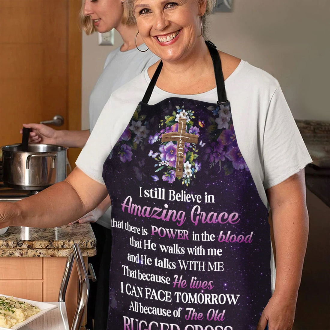 Jesuspirit Apron With Adjustable Neck Strap | I Still Believe In Amazing Grace | Faith Cross & Flower NUH269