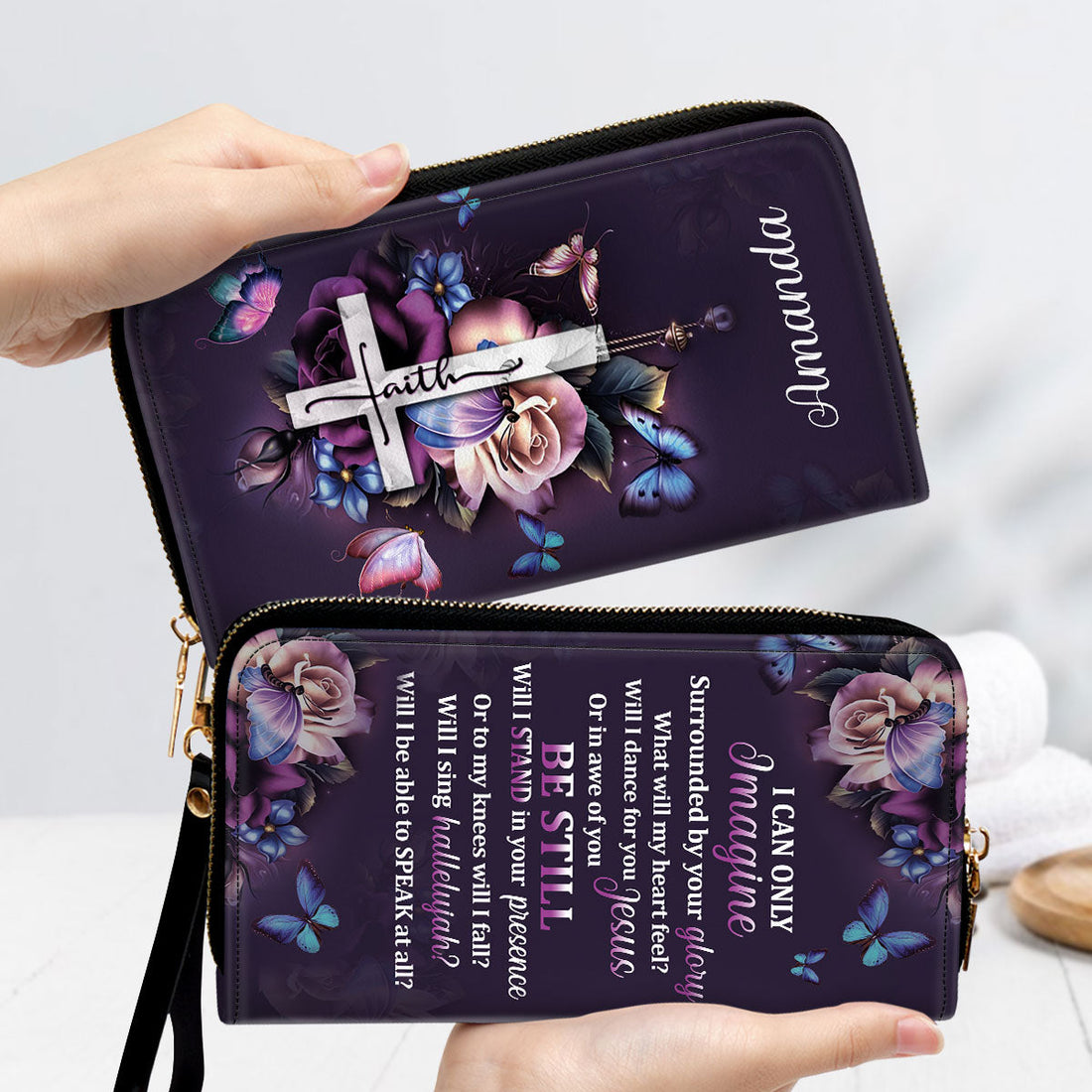 Jesuspirit | Meaningful Gifts For Christian Women | Personalized Purple Zippered Leather Clutch Purse | I Can Only Imagine HH175H