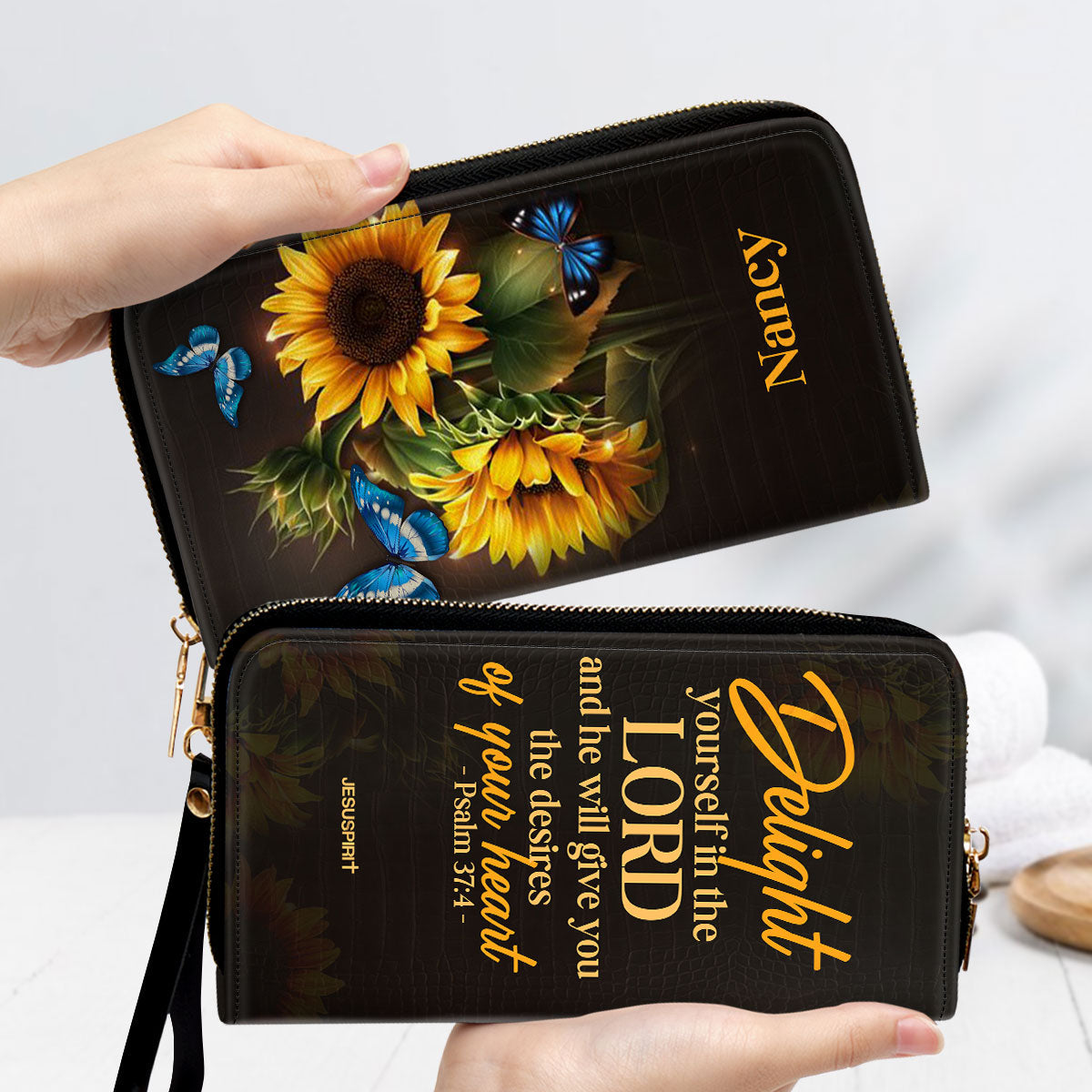 Jesuspirit | Personalized Sunflower Zippered Leather Clutch Purse | Psalm 37:4 | Delight Yourself In The Lord | Inspirational Gifts For Christian Women NUH437H