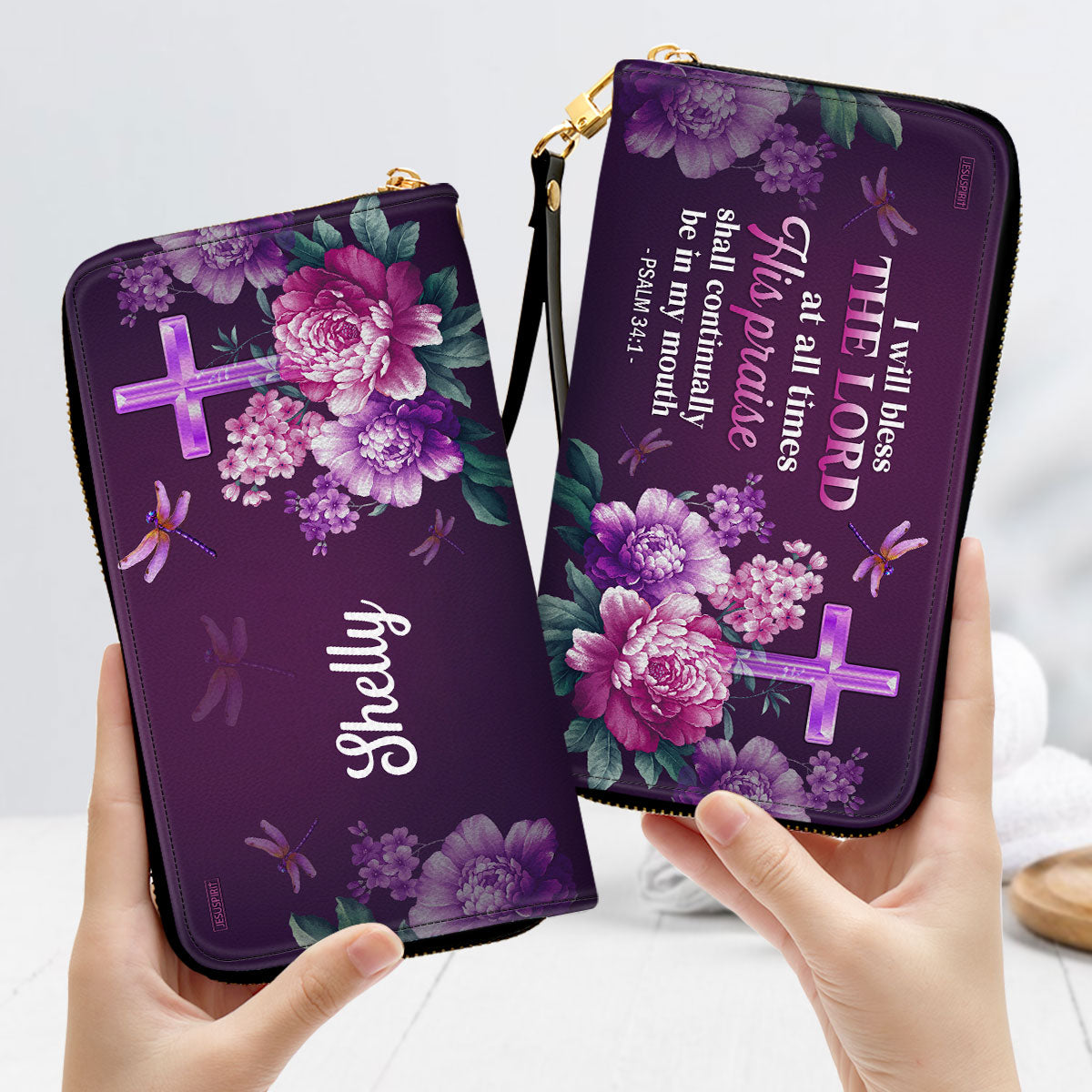 Jesuspirit | Gift For Religious Woman | I Will Bless The Lord At All Times | Psalm 34:1 | Personalized Flower Leather Clutch Purse CPH24H