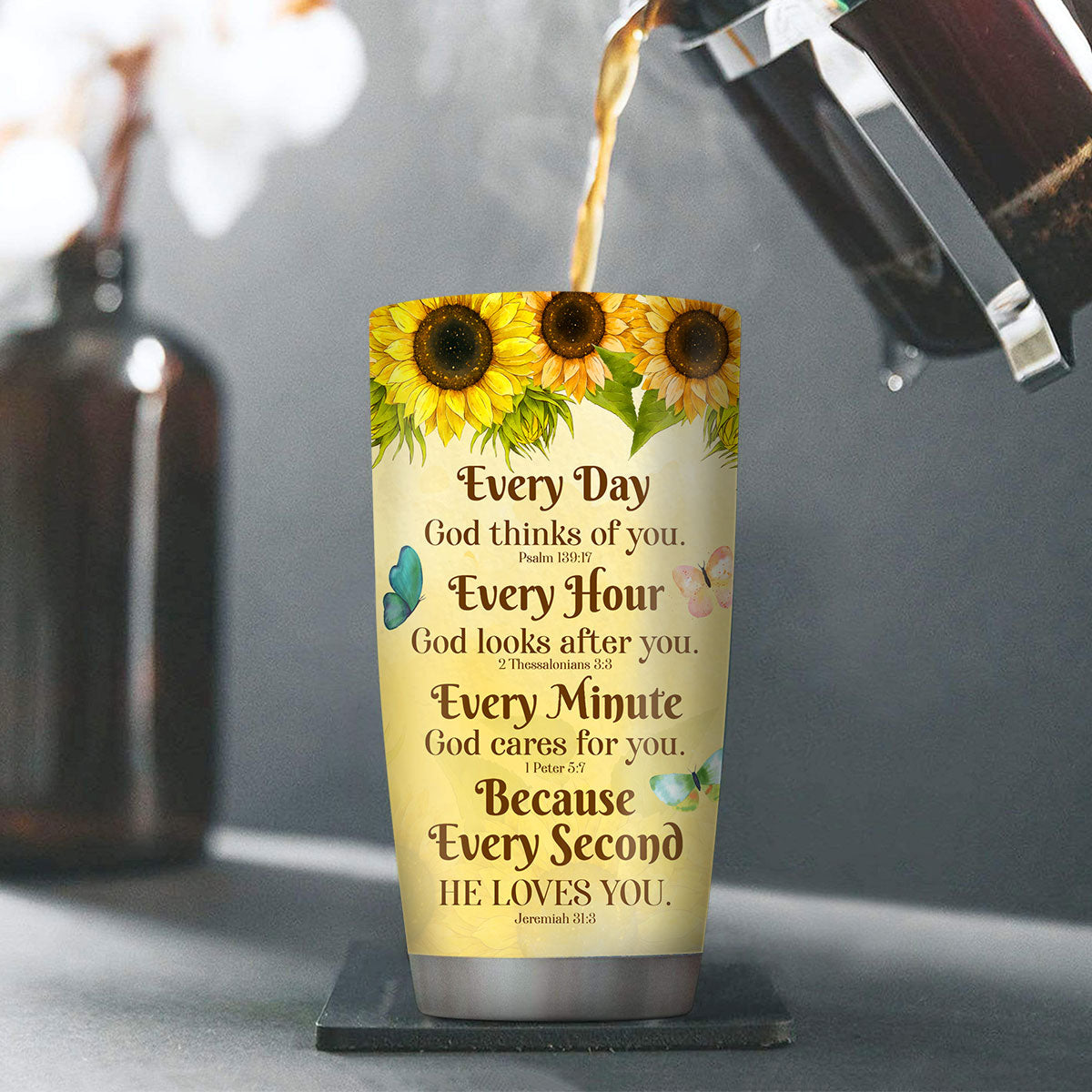 Jesuspirit | Personalized Sunflower Stainless Steel Tumbler 20oz | Everyday God Thinks Of You | Cross And Butterfly SSTHN605