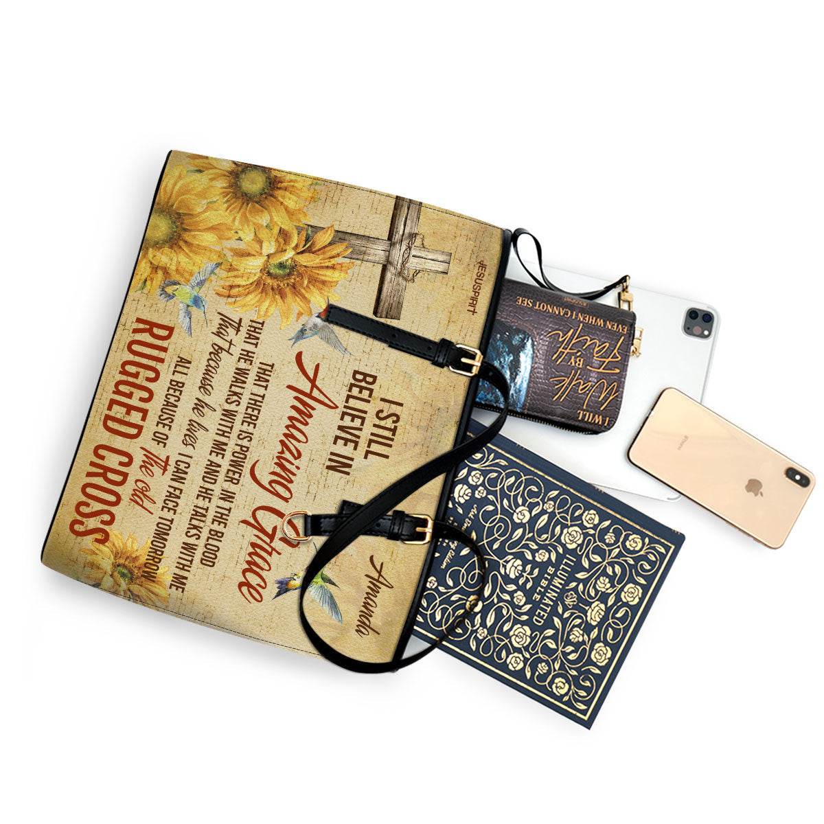 Jesuspirit Personalized Leather Tote Bag | I Still Believe In Amazing Grace | Sunflower And Cross | Bible Bag With Long Strap HN154