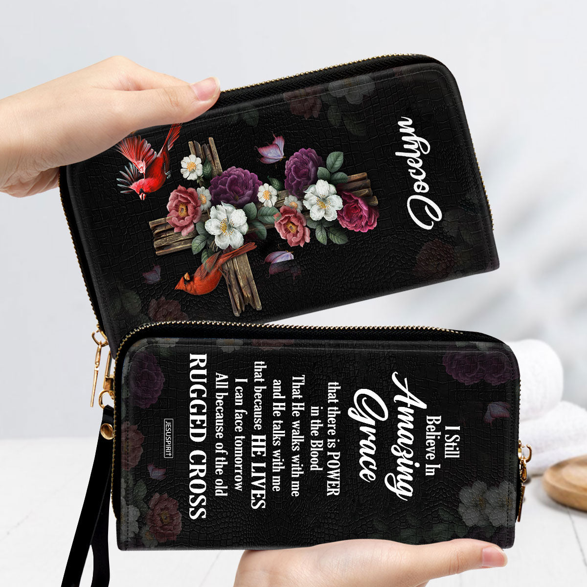 Jesuspirit | I Still Believe In Amazing Grace | Flower And Cross | Spiritual Gifts For Christian Women | Personalized Zippered Leather Clutch Purse NUH435H