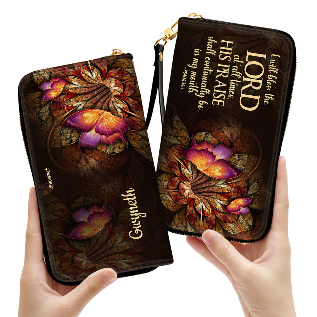 Jesuspirit | Personalized Leather Clutch Purse | Psalm 34:1 | I Will Bless The Lord At All Times | Worship Gift For People At Church CPH605