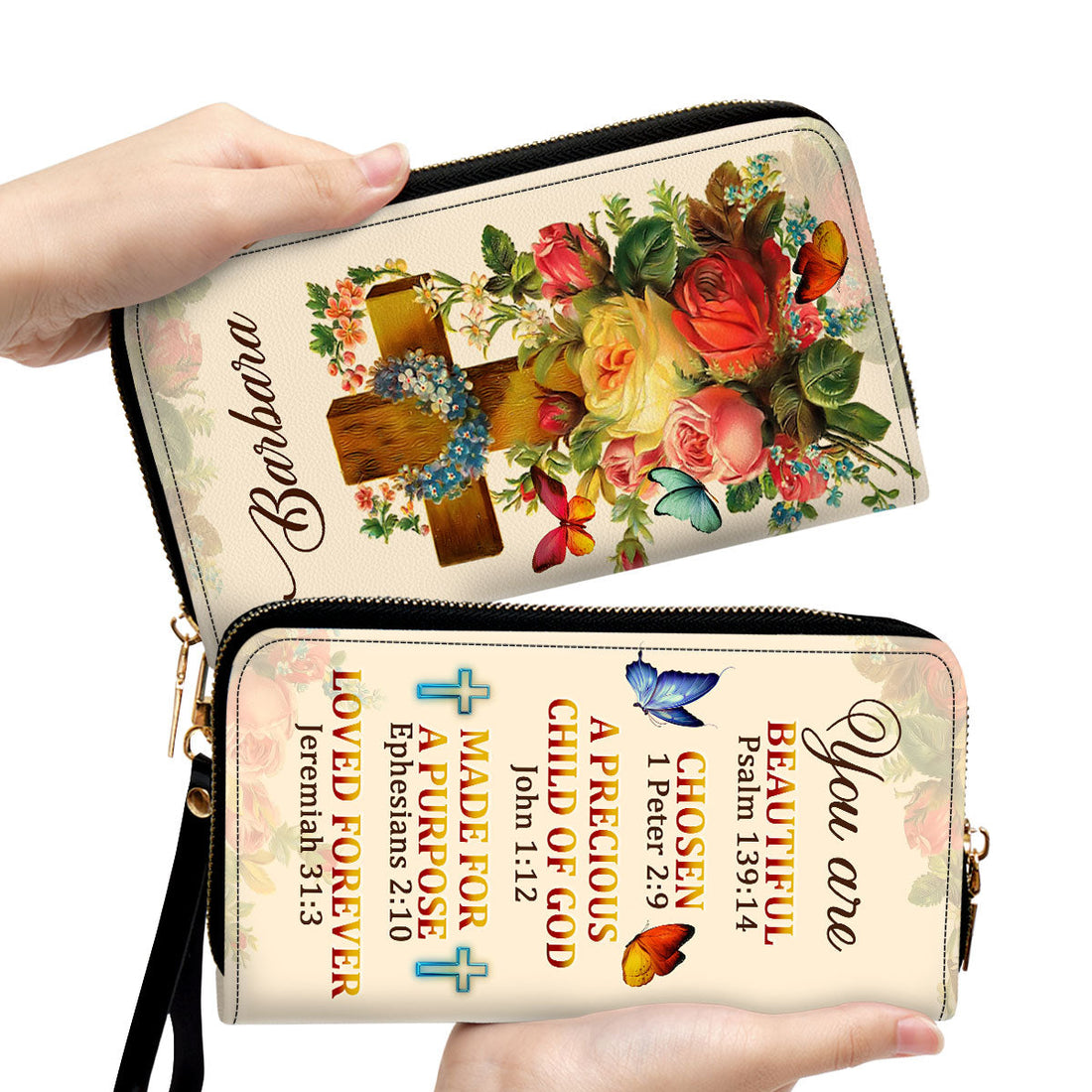 Jesuspirit | Personalized Leather Clutch Purse | A Precious Child Of God | Roses & Butterfly | Beautiful Gift For Christian Ladies CPM705