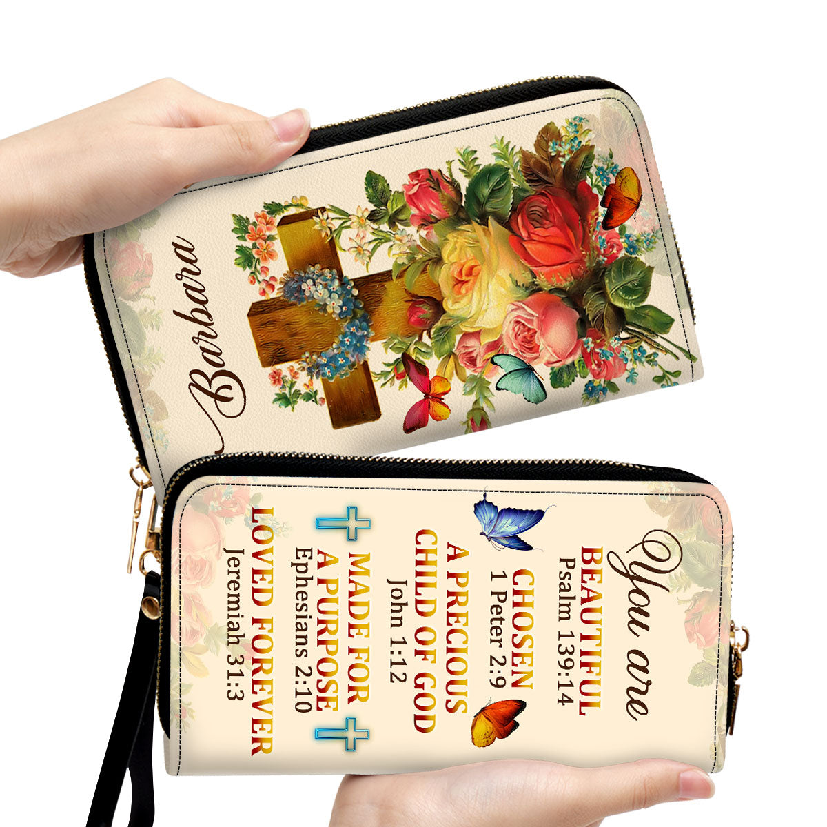 Jesuspirit | Personalized Leather Clutch Purse | A Precious Child Of God | Roses & Butterfly | Beautiful Gift For Christian Ladies CPM705
