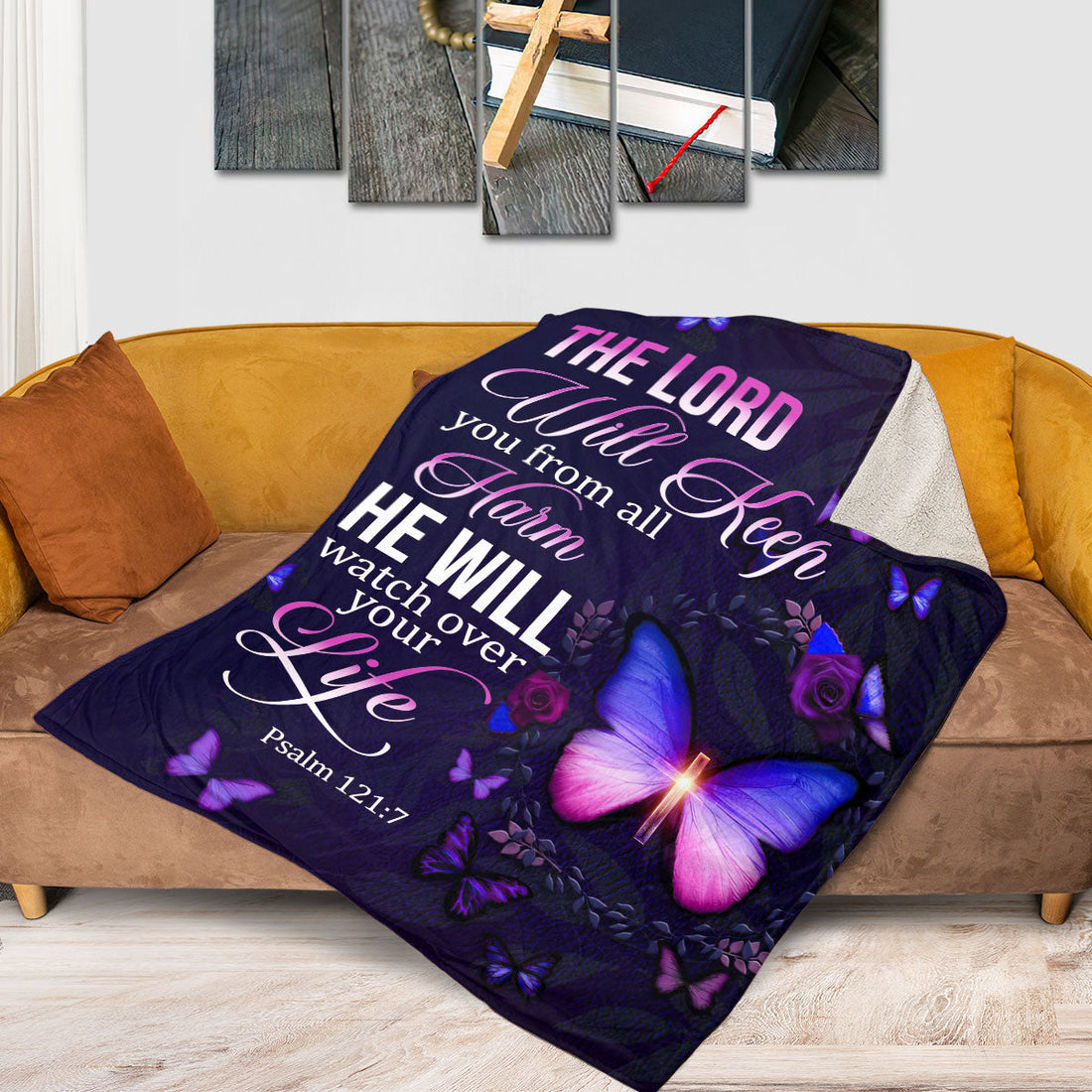 Jesuspirit | Butterfly And Cross | The Lord Will Keep You From All Harm | Psalm 121:7 | Fleece Blanket FBM639