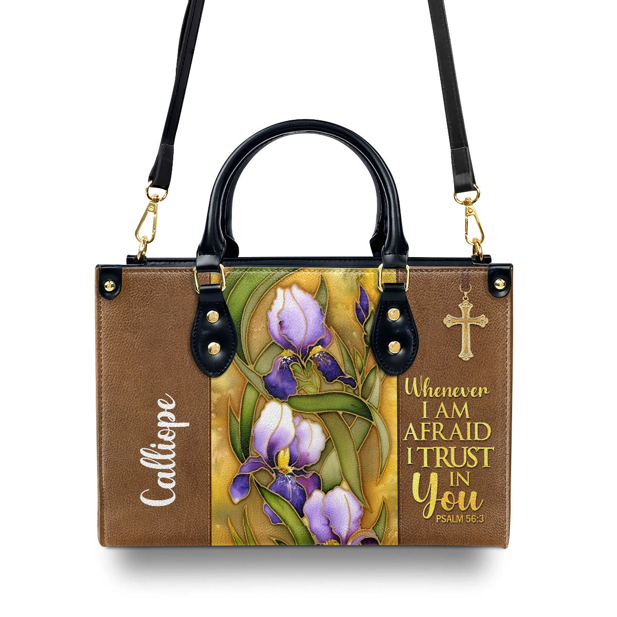 Jesuspirit | Flower And Cross | Whenever I Am Afraid, I Trust In You | Psalm 56:3 | Personalized Leather Handbag LHBH602