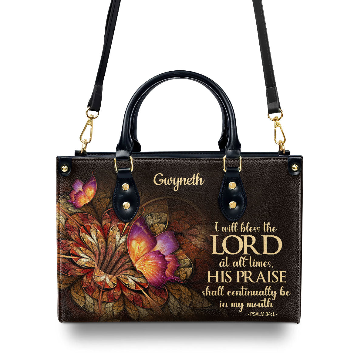 Jesuspirit Personalized Leather Handbag With Handle | Flower & Butterfly | Psalm 34:1 | I Will Bless The Lord At All Times LHBH605