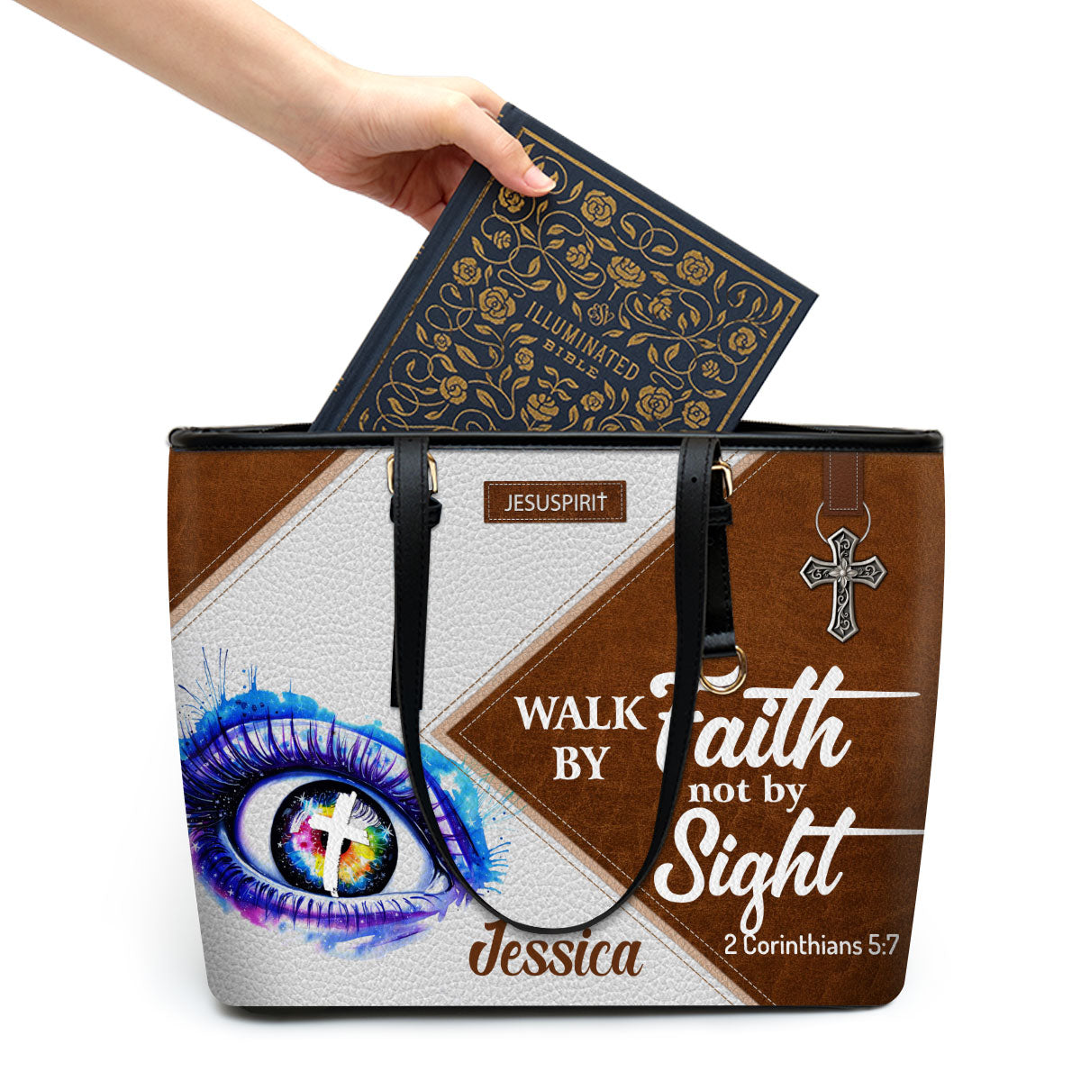 Awesome Personalized Large Leather Tote Bag - Walk By Faith, Not By Sight NUH293