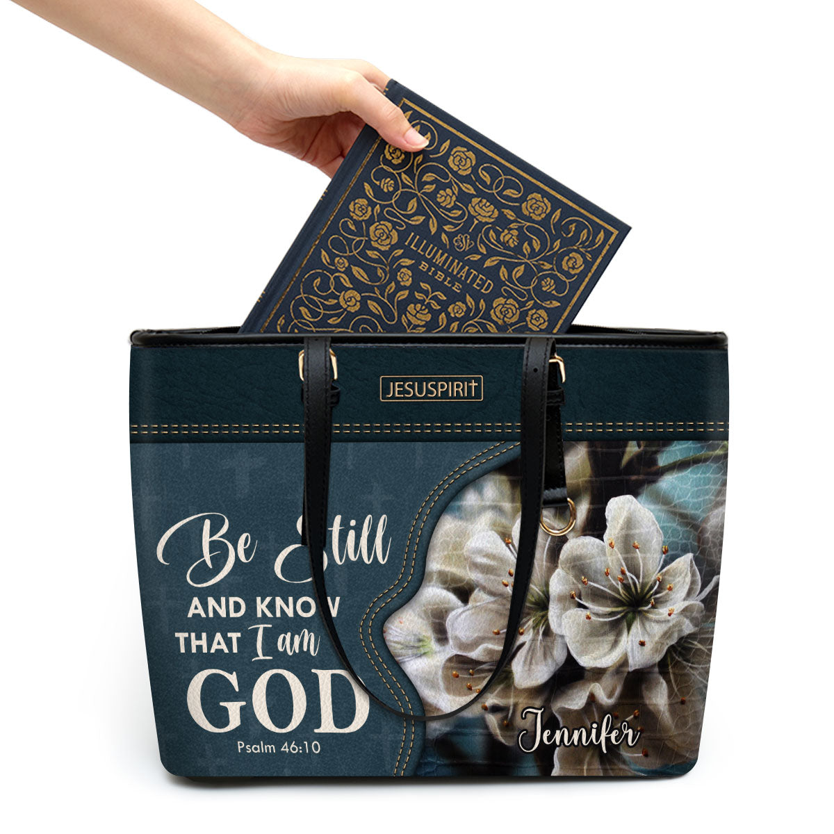 Special Personalized Large Leather Tote Bag - Be Still And Know That I Am God NUHN362