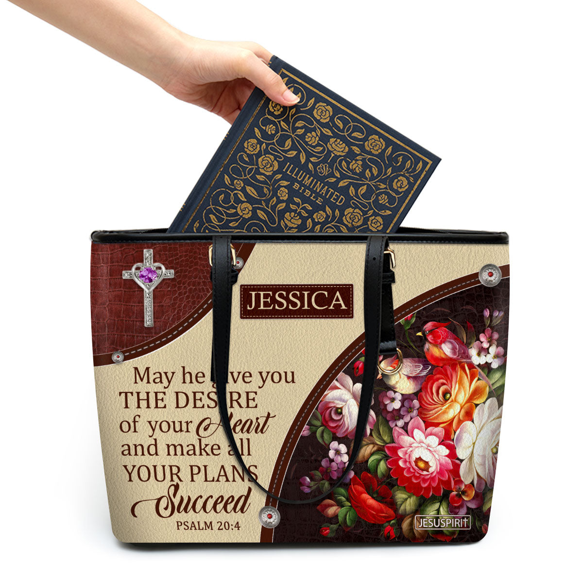 Special Personalized Large Leather Tote Bag - May He Make All Your Plans Succeed NUM308