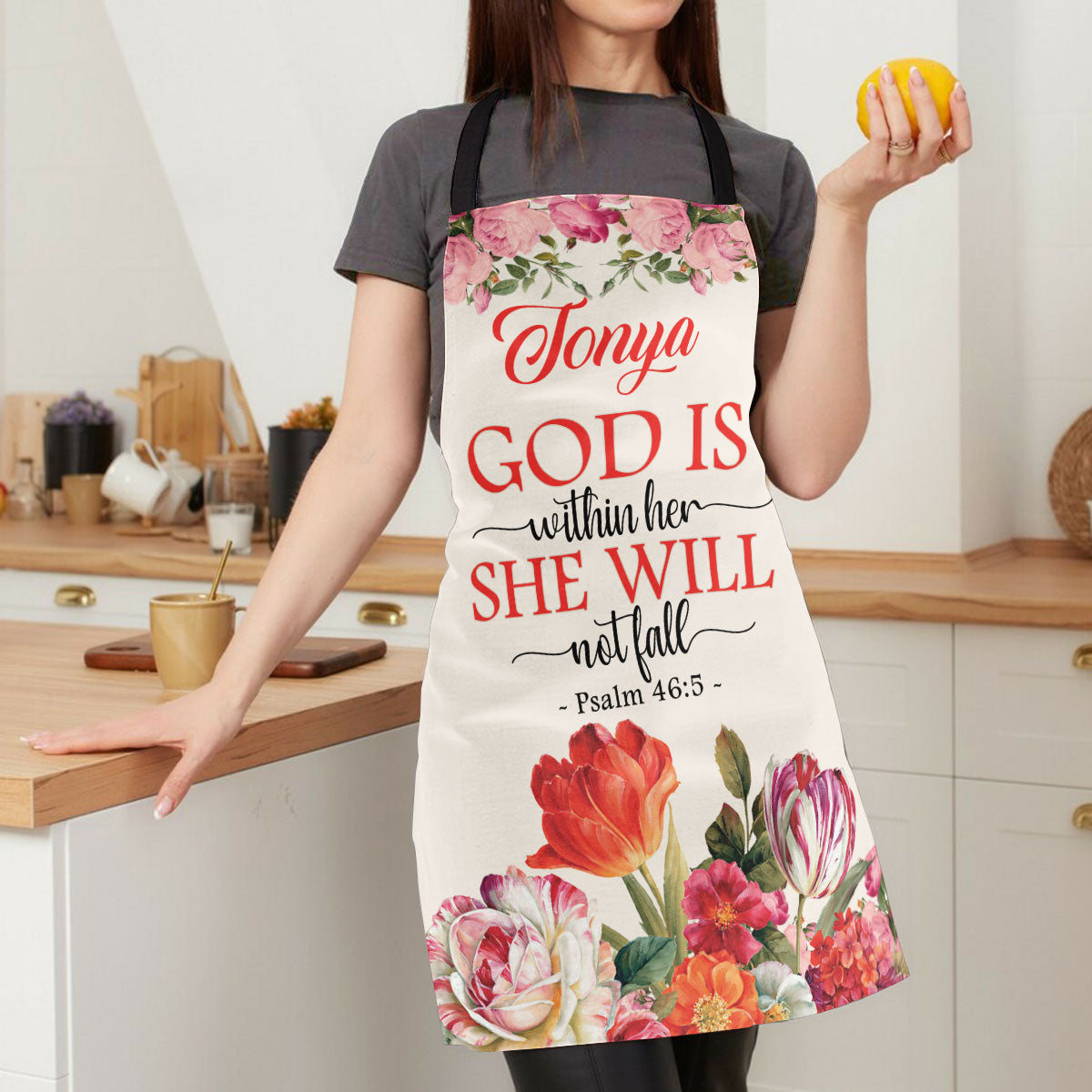 Jesuspirit | Psalm 46:5 | God Is Within Her, She Will Not Fall | Personalized Flower Apron With Neck Strap APRM651