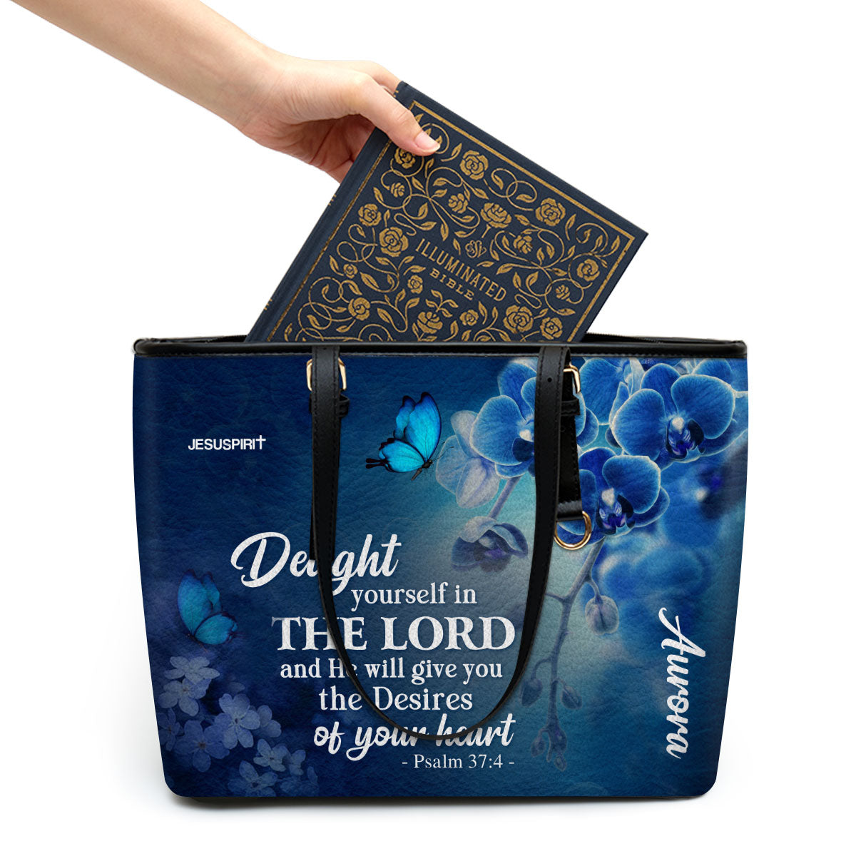 Jesuspirit | Delight Yourself In The Lord | Psalm 37:4 | Blue Orchids And Lilac | Personalized Large Leather Tote Bag LLTBH47