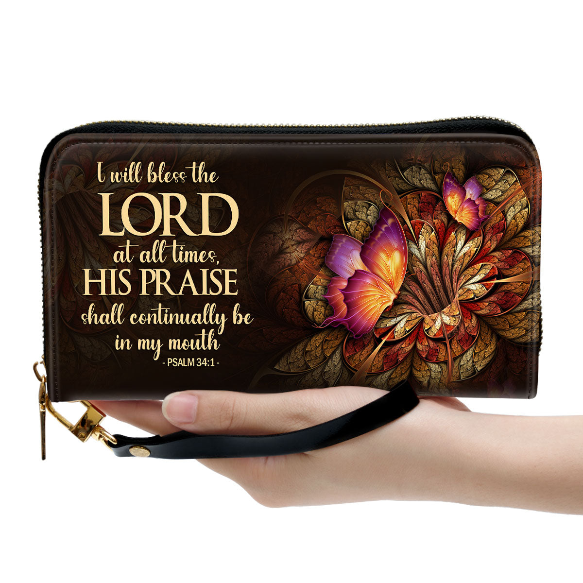 Jesuspirit | Personalized Leather Clutch Purse | Psalm 34:1 | I Will Bless The Lord At All Times | Worship Gift For People At Church CPH605