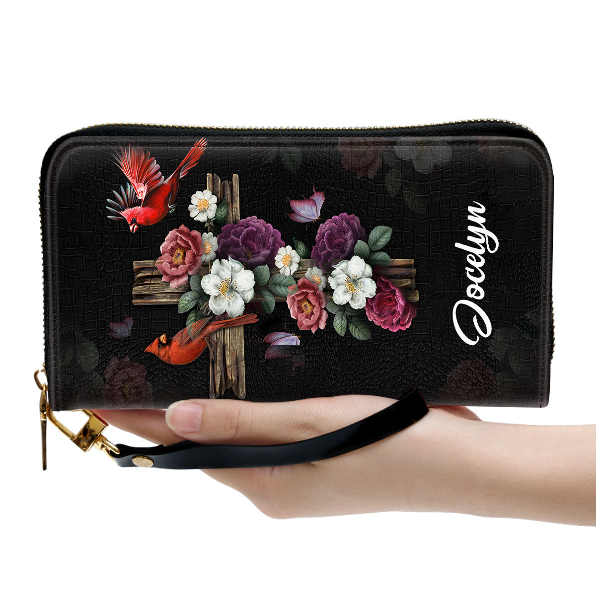 Jesuspirit | I Still Believe In Amazing Grace | Flower And Cross | Spiritual Gifts For Christian Women | Personalized Zippered Leather Clutch Purse NUH435H