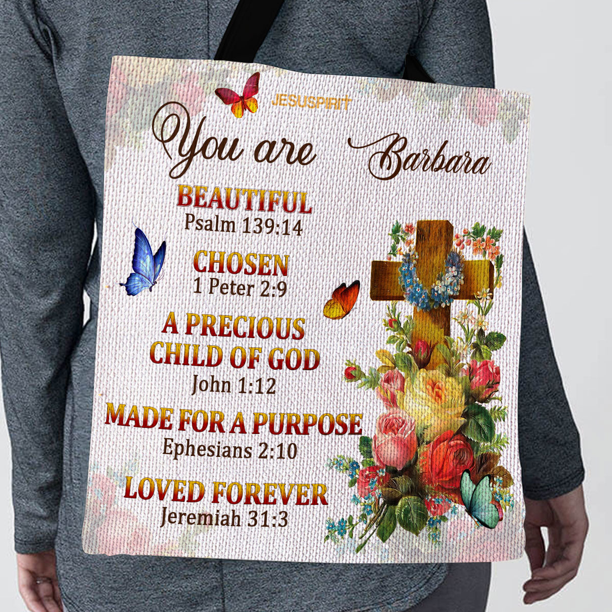 Jesuspirit | Made For A Purpose | Meaningful Personalized Tote Bag | Flower And Cross TBM705