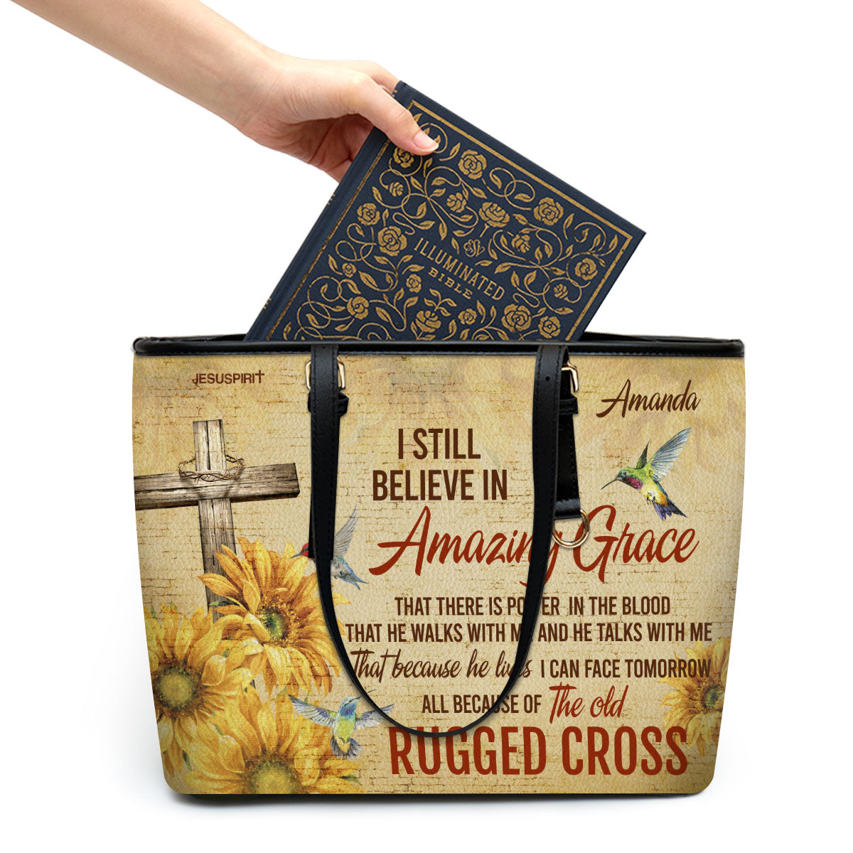 Jesuspirit Personalized Leather Tote Bag | I Still Believe In Amazing Grace | Sunflower And Cross | Bible Bag With Long Strap HN154