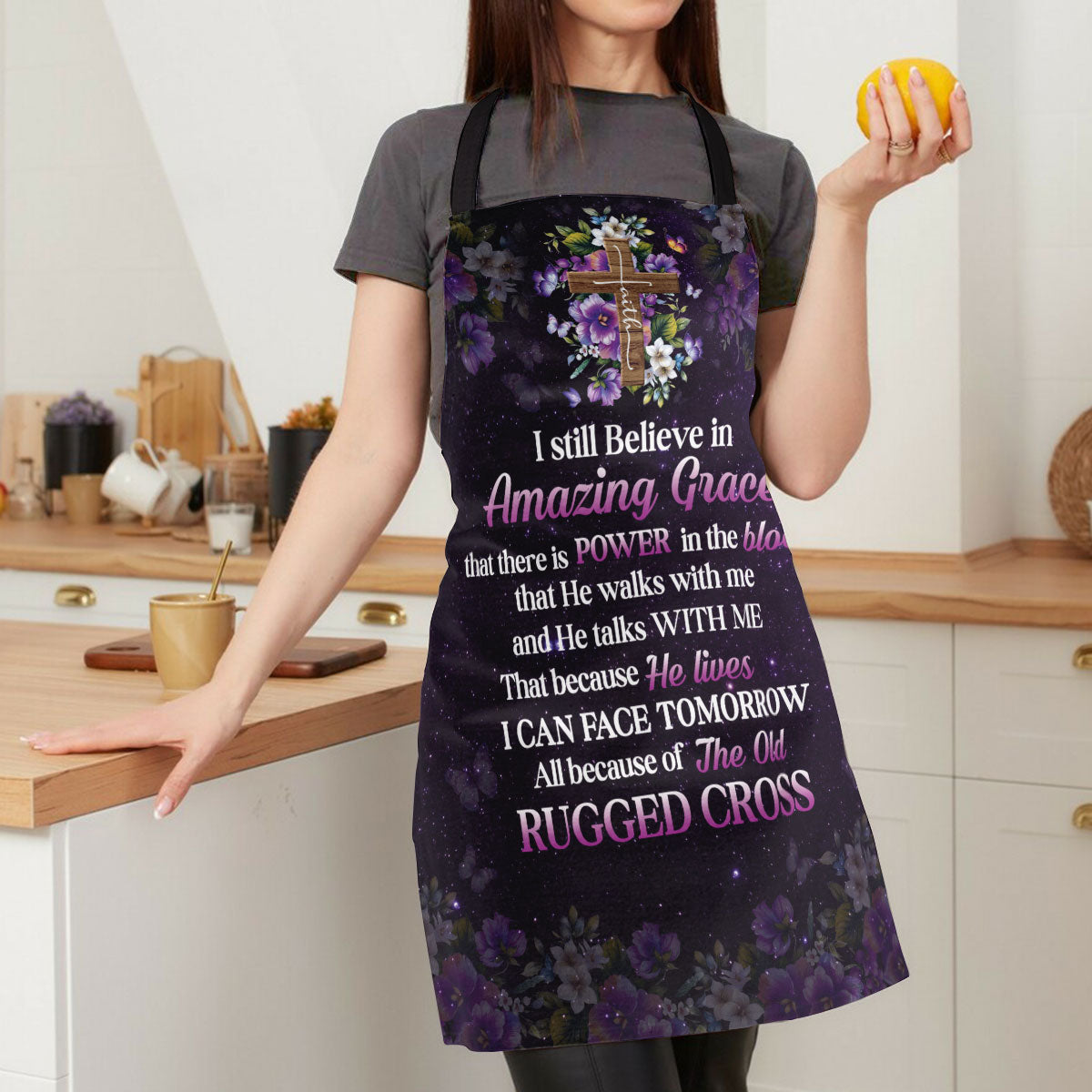 Jesuspirit Apron With Adjustable Neck Strap | I Still Believe In Amazing Grace | Faith Cross & Flower NUH269