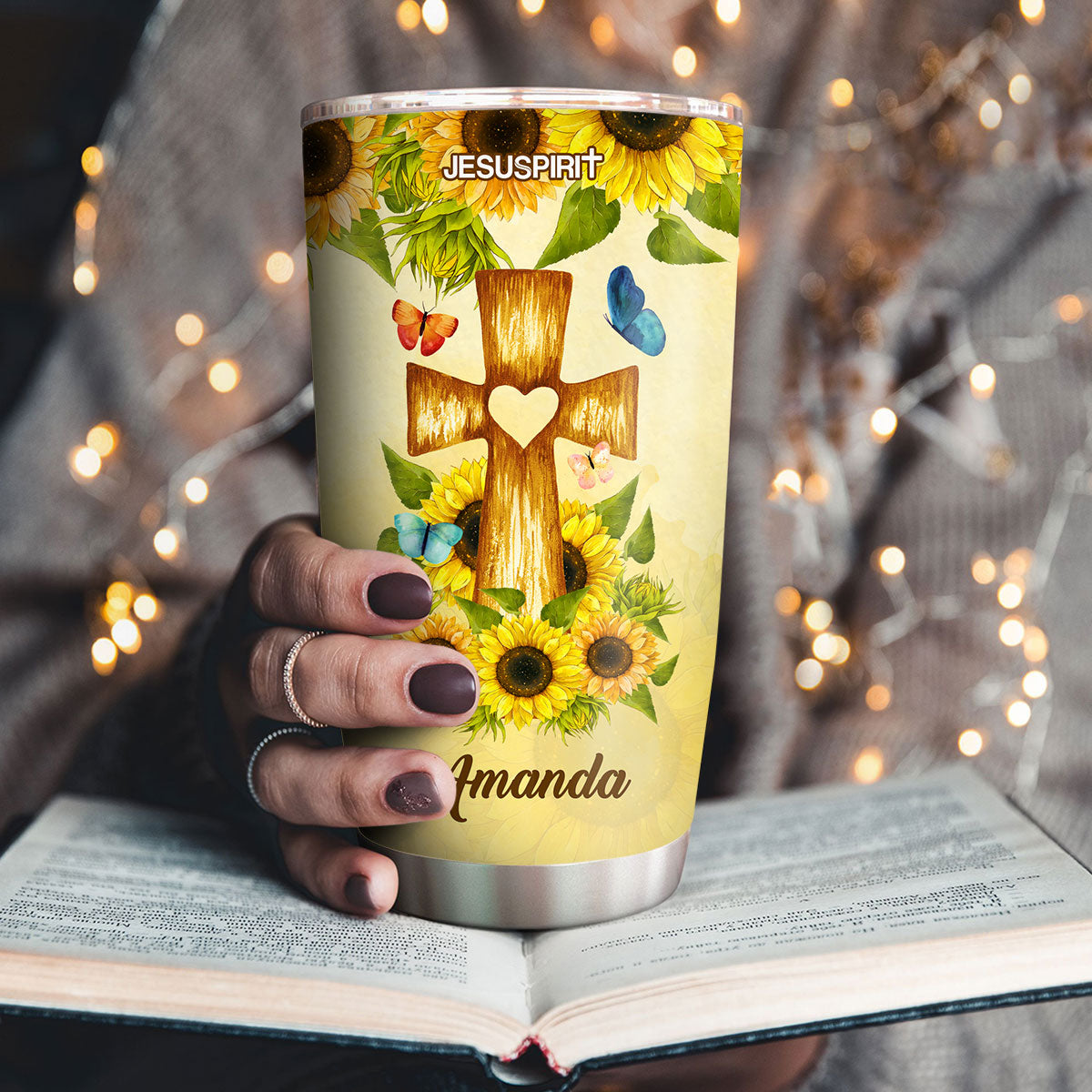 Jesuspirit | Personalized Sunflower Stainless Steel Tumbler 20oz | Everyday God Thinks Of You | Cross And Butterfly SSTHN605