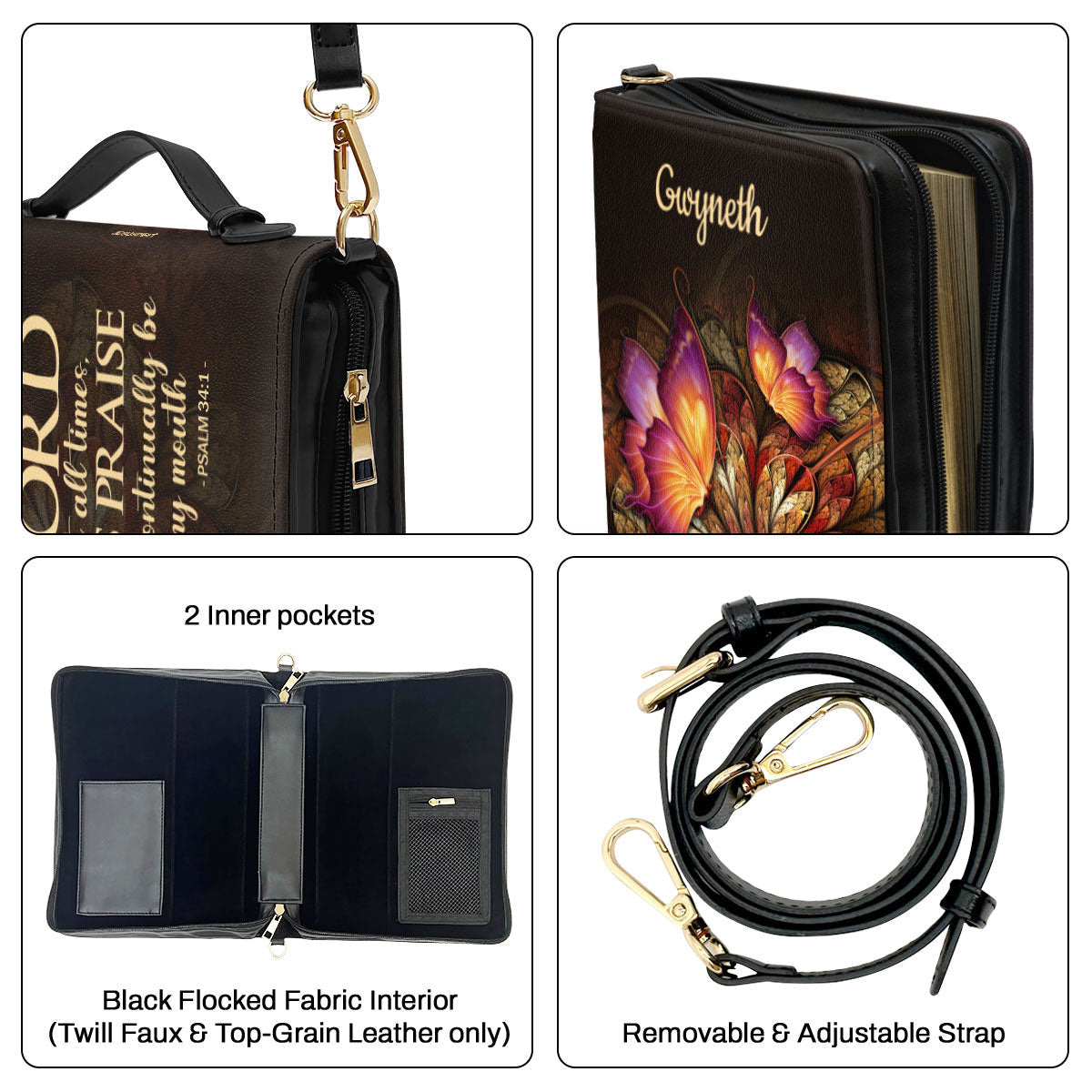 Jesuspirit | Personalized Zippered Bible Cover With Handle | Psalm 34:1 | Flower & Butterfly | I Will Bless The Lord At All Times BCH605