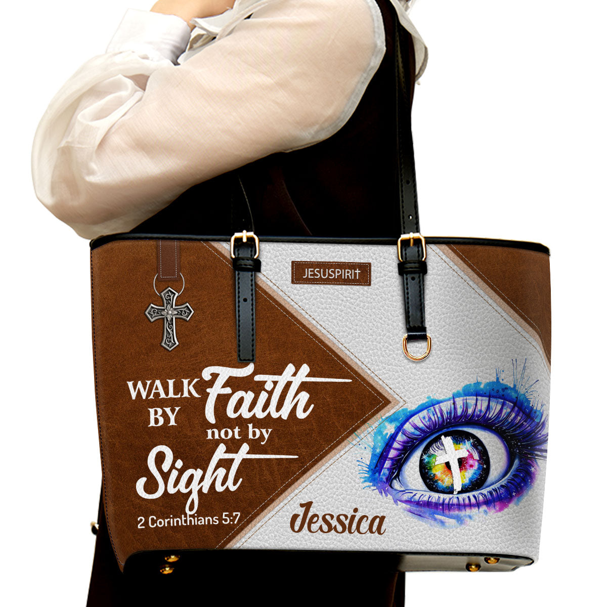 Awesome Personalized Large Leather Tote Bag - Walk By Faith, Not By Sight NUH293