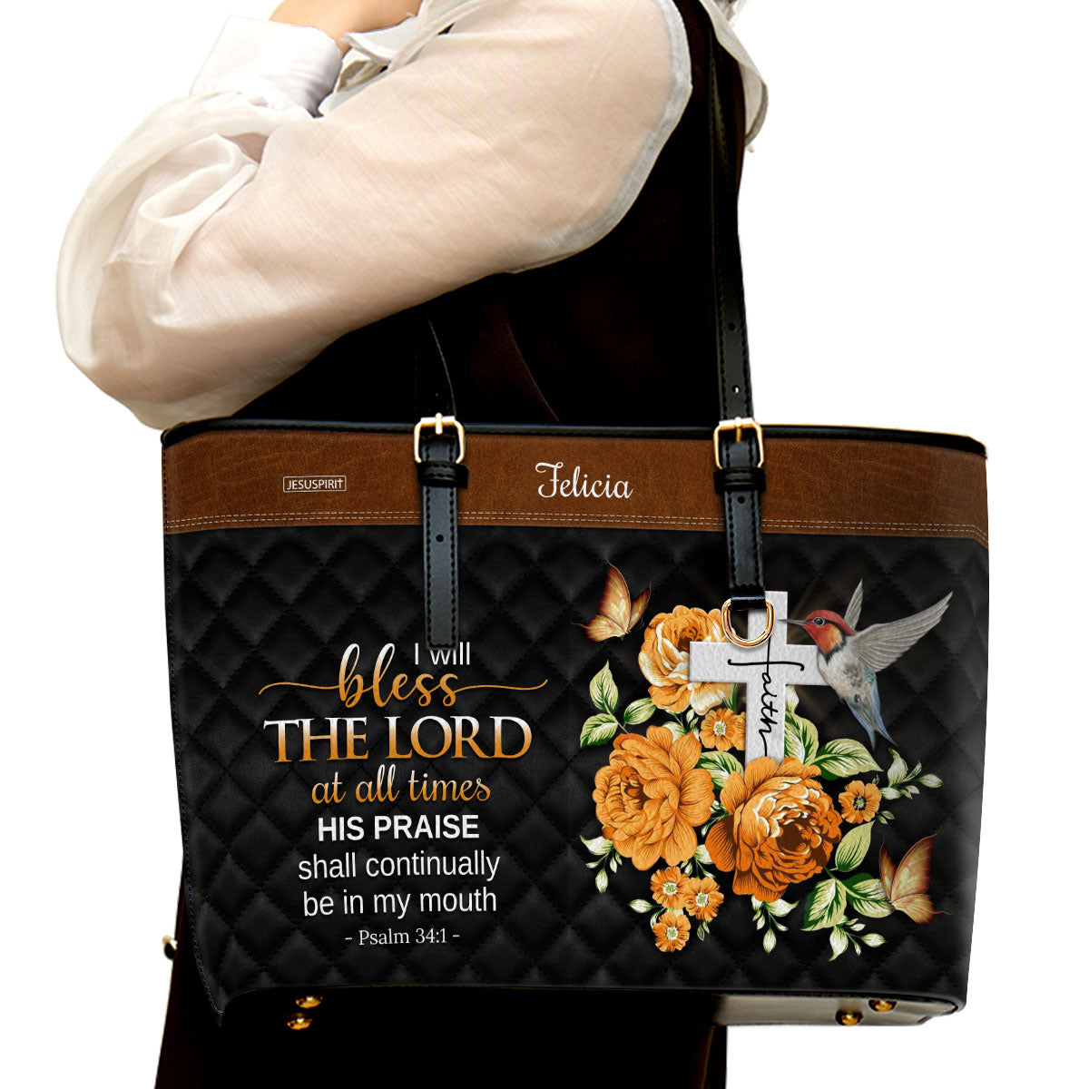 I Will Bless The Lord At All Times - Personalized Large Leather Tote Bag NUH430