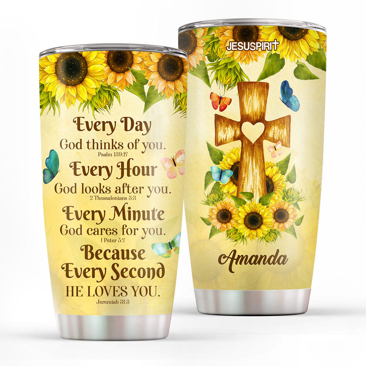 Jesuspirit | Personalized Sunflower Stainless Steel Tumbler 20oz | Everyday God Thinks Of You | Cross And Butterfly SSTHN605