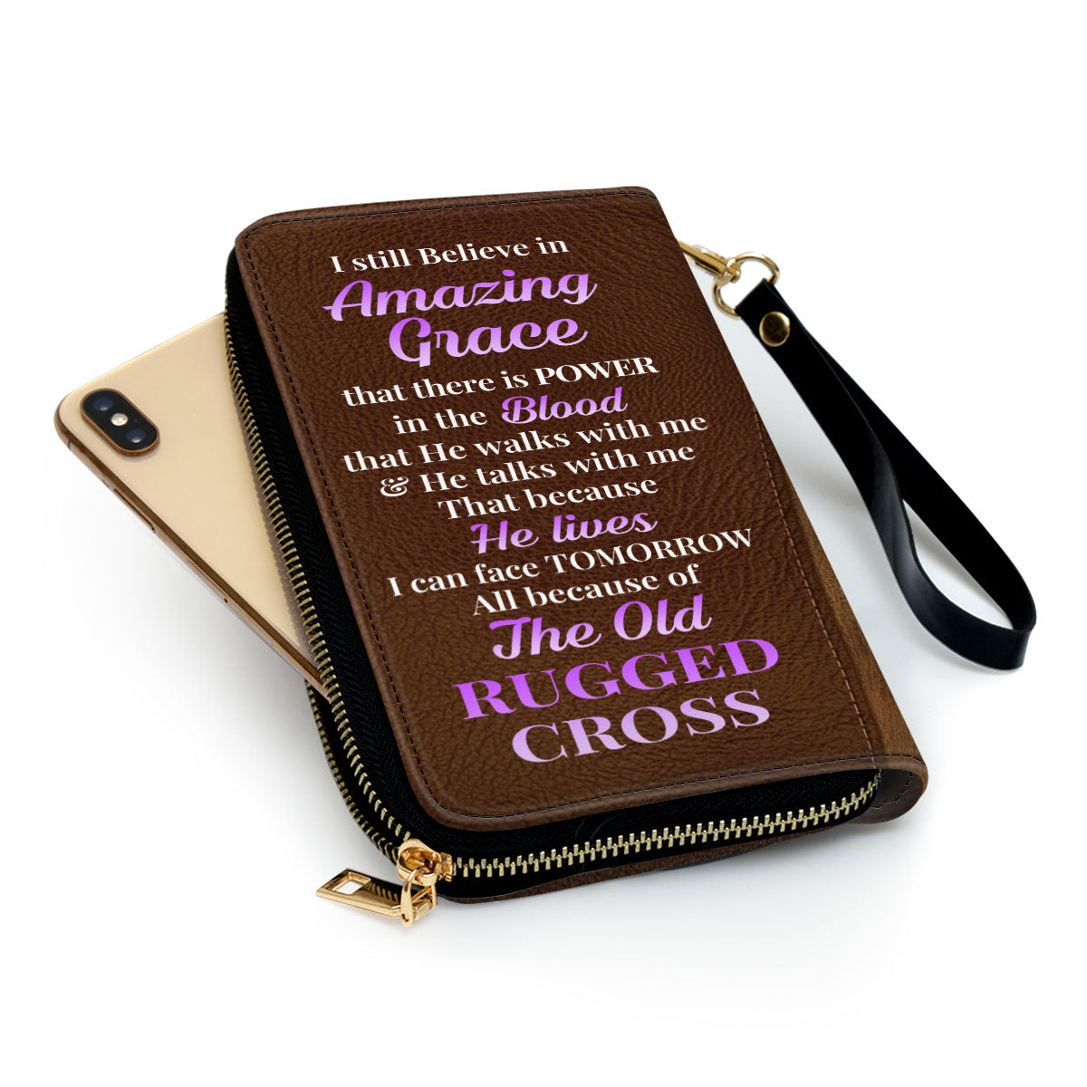 Jesuspirit | Personalized Zippered Leather Clutch Purse | I Still Believe In Amazing Grace | Faith Cross And Floral | Christ Gifts For Religious Women CP12H